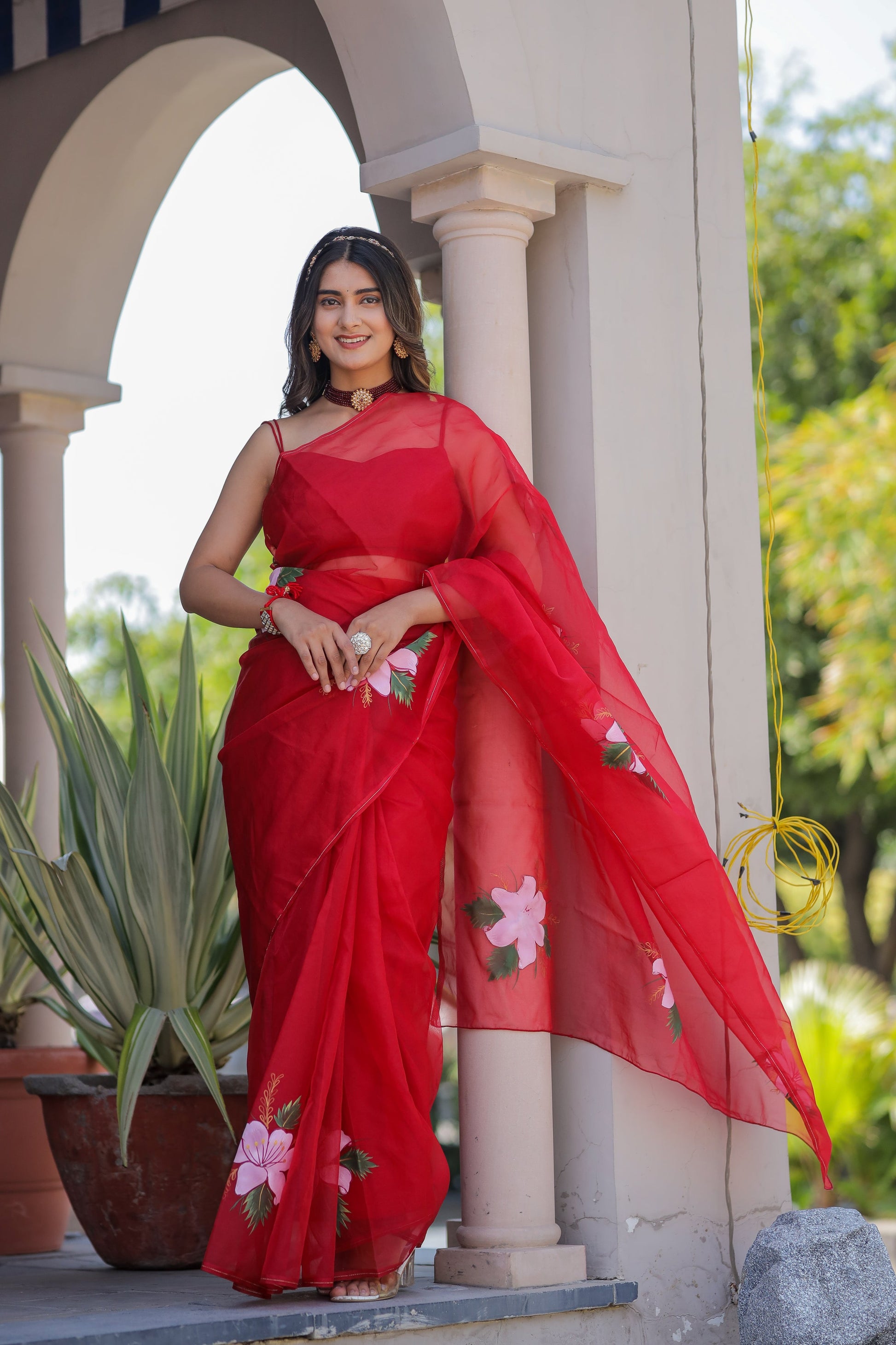 Striking Red Pure Organza Handpainted Floral Saree