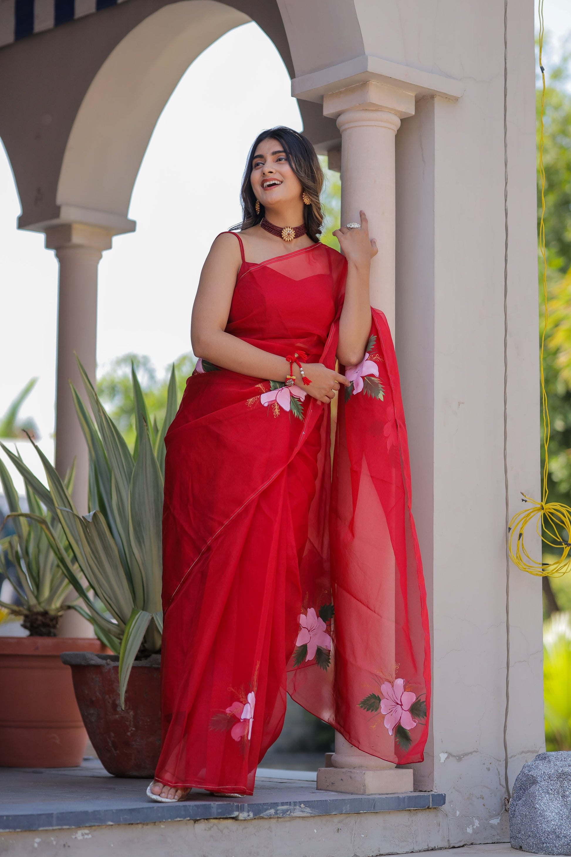 Striking Red Pure Organza Handpainted Floral Saree