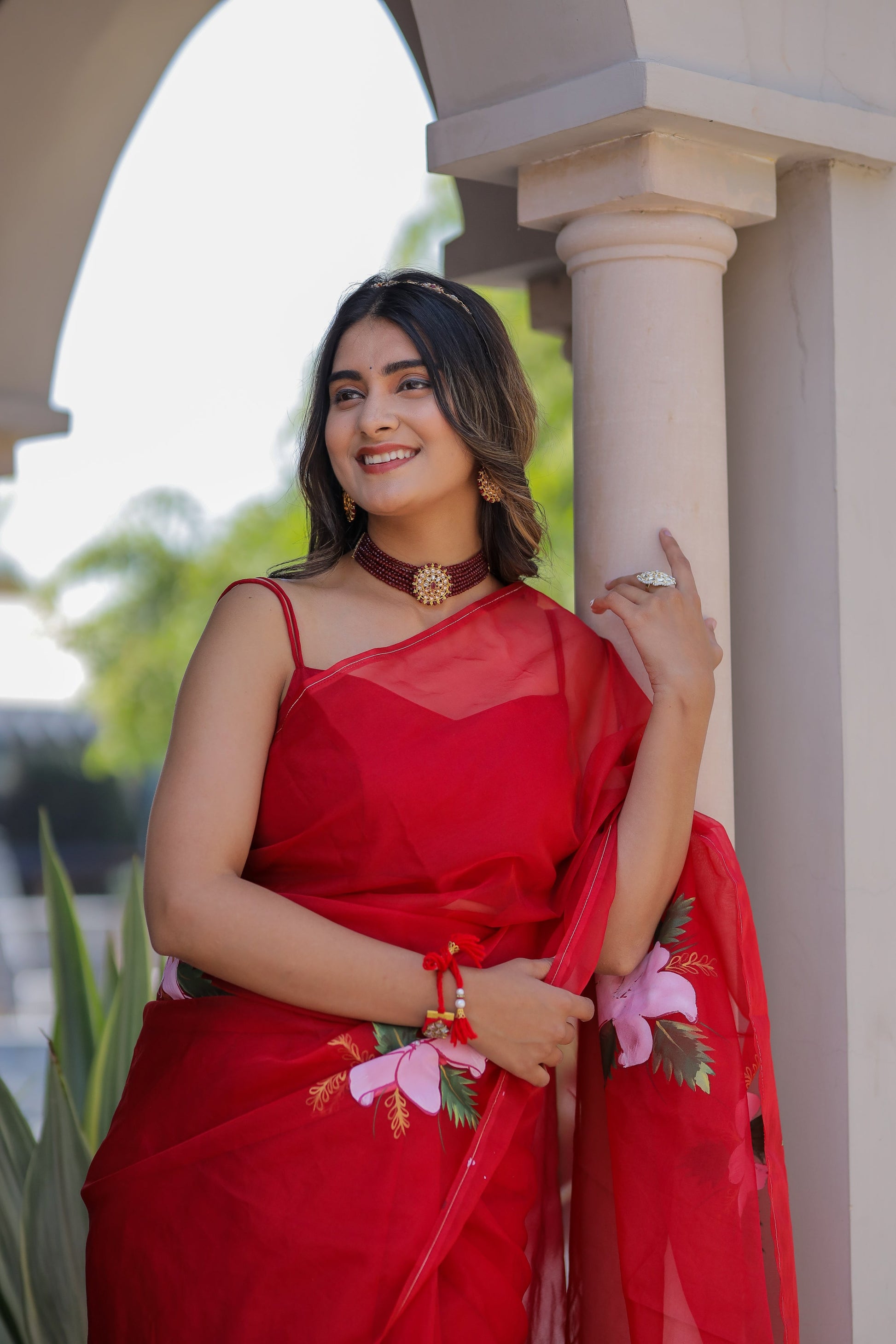 Striking Red Pure Organza Handpainted Floral Saree
