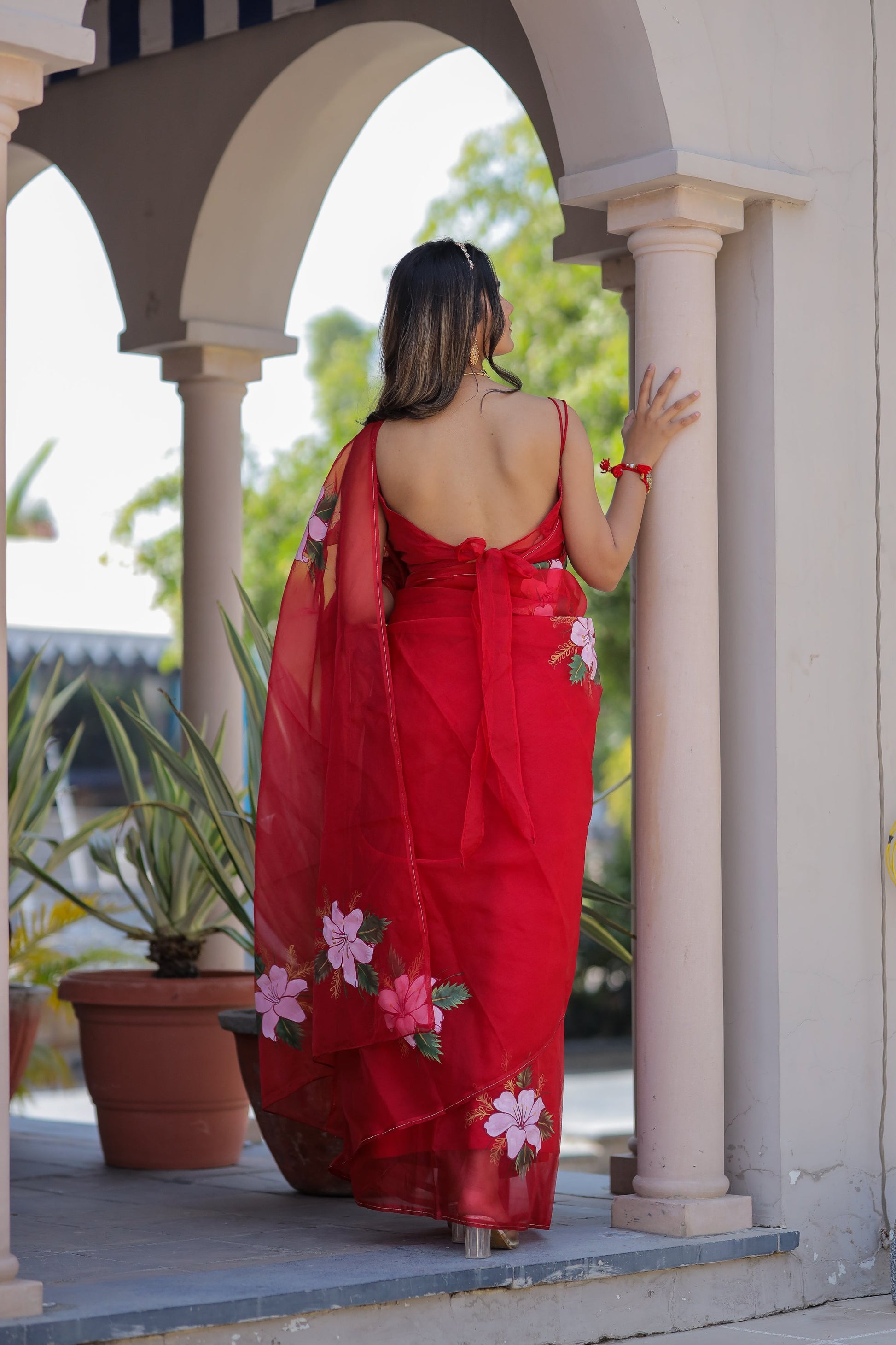 Striking Red Pure Organza Handpainted Floral Saree