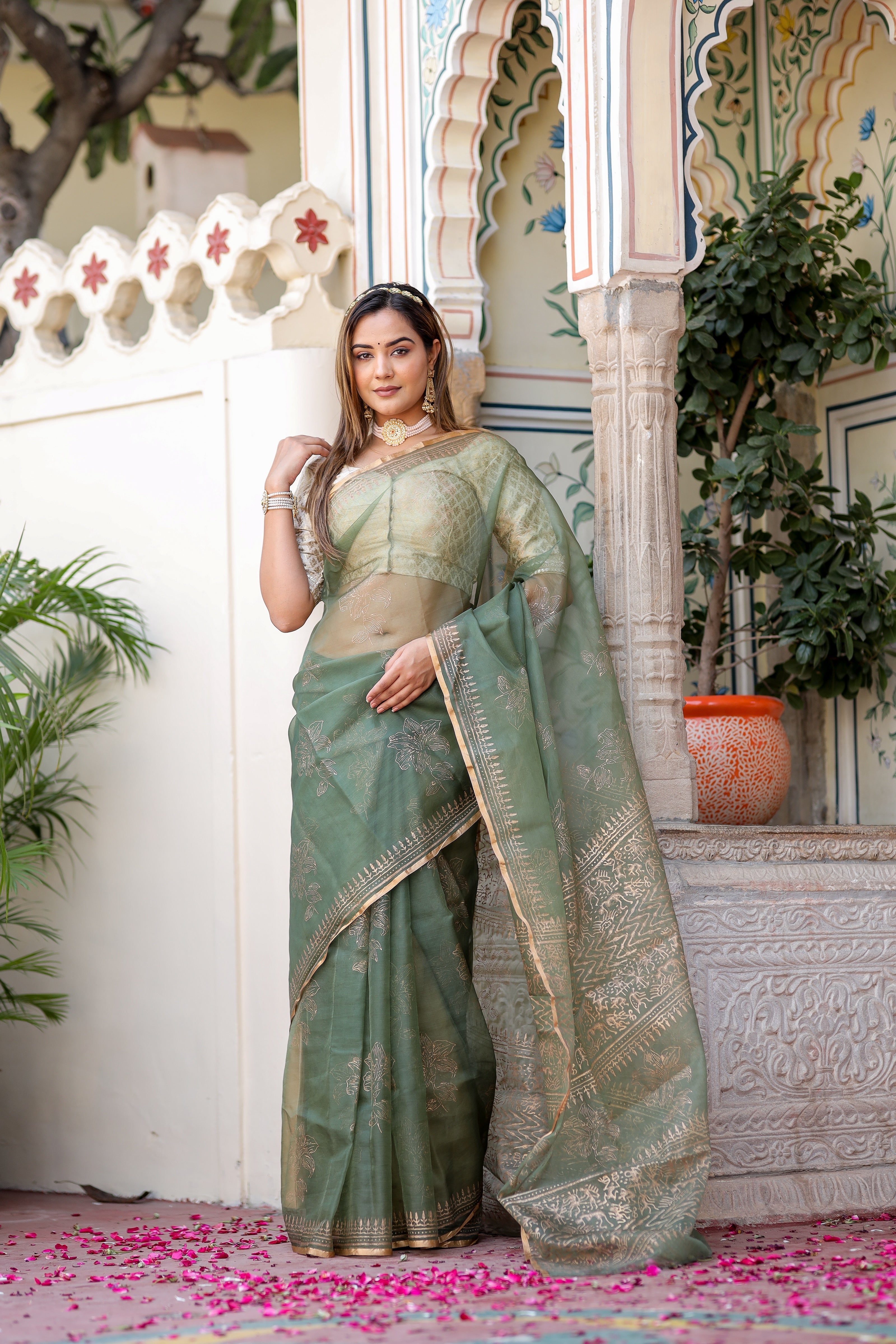 Timeless Green Gold Organza Saree Foil Work Floral