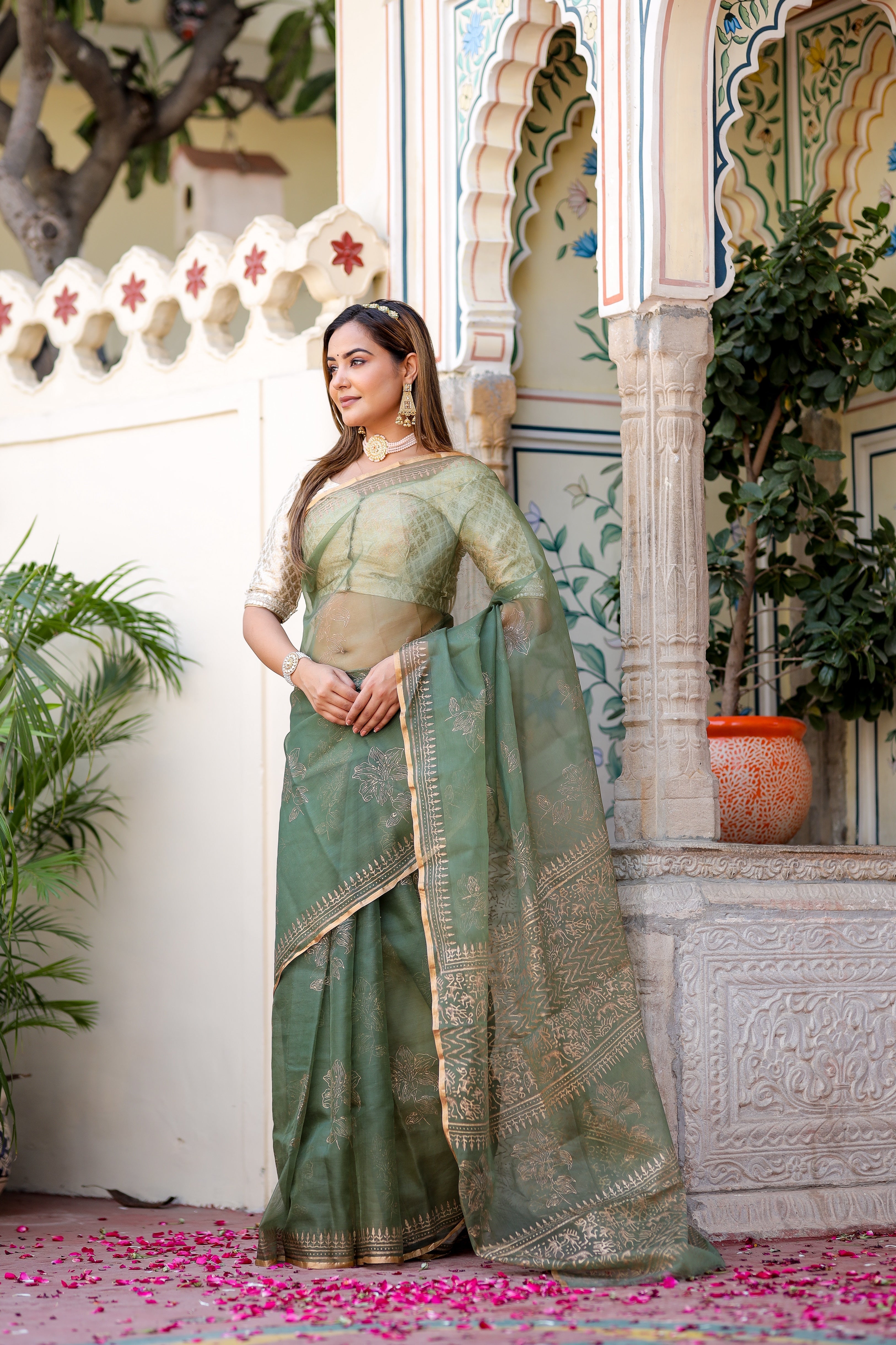 Timeless Green Gold Organza Saree Foil Work Floral