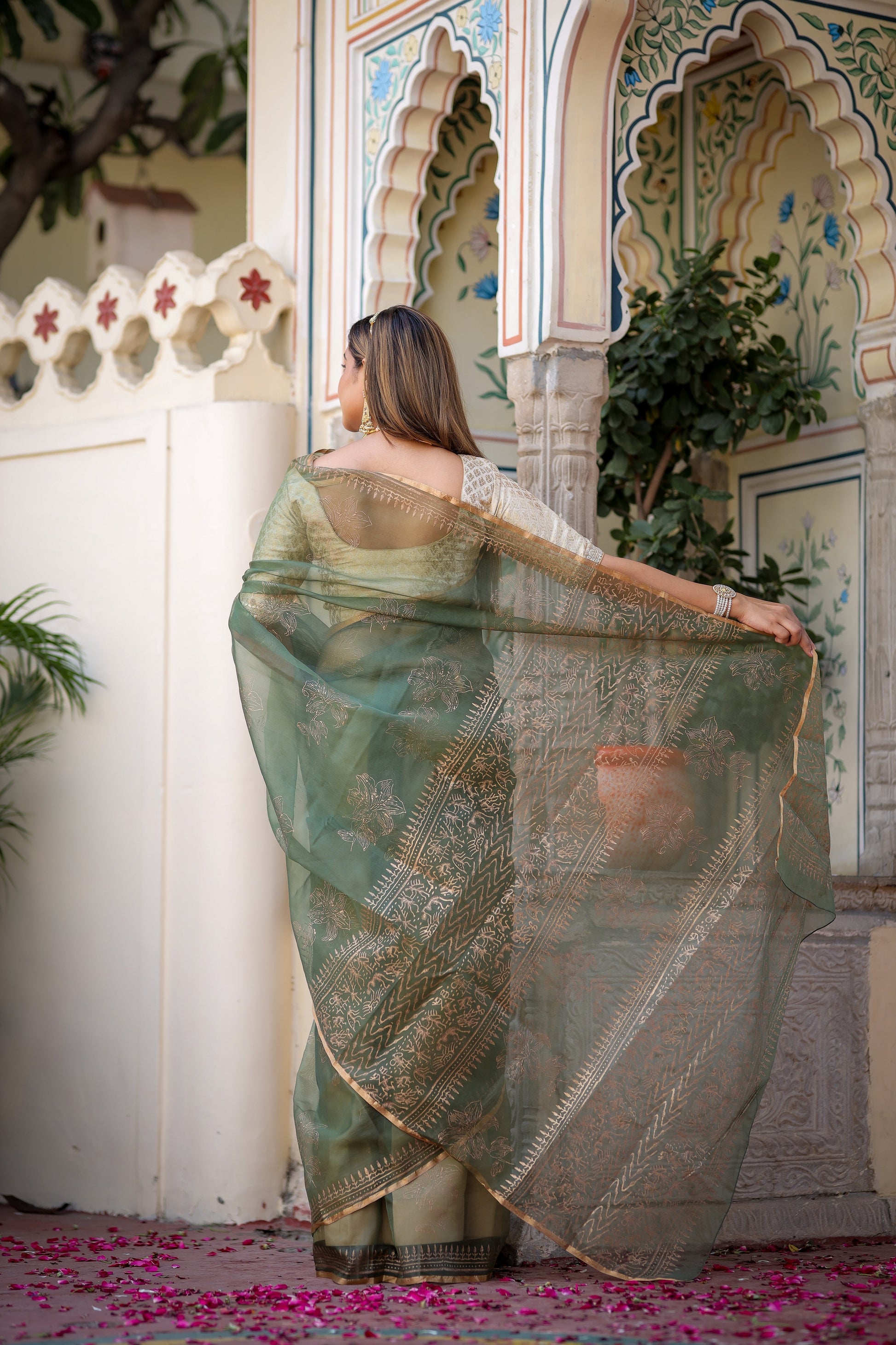 Timeless Green Gold Organza Saree Foil Work Floral