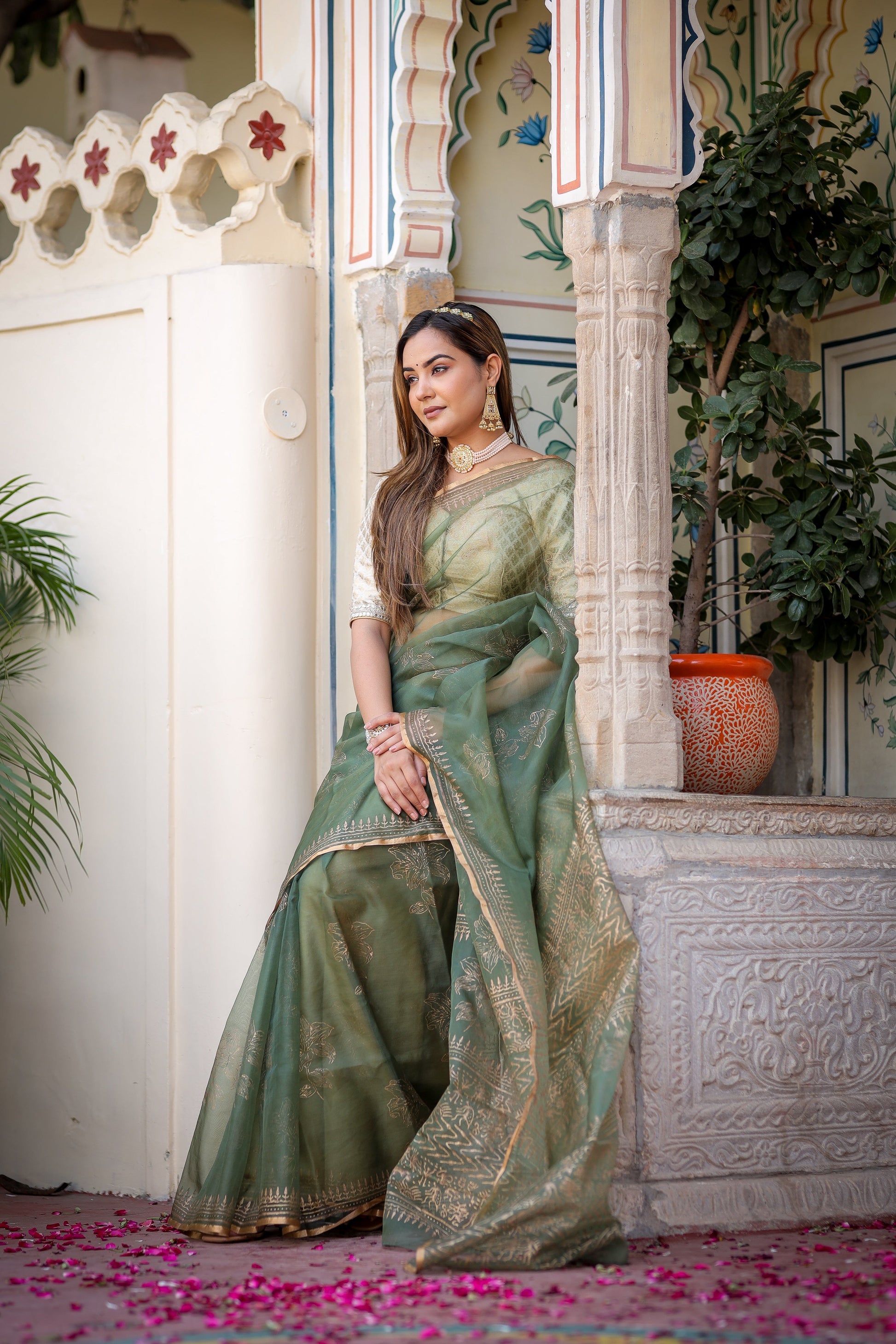 Timeless Green Gold Organza Saree Foil Work Floral