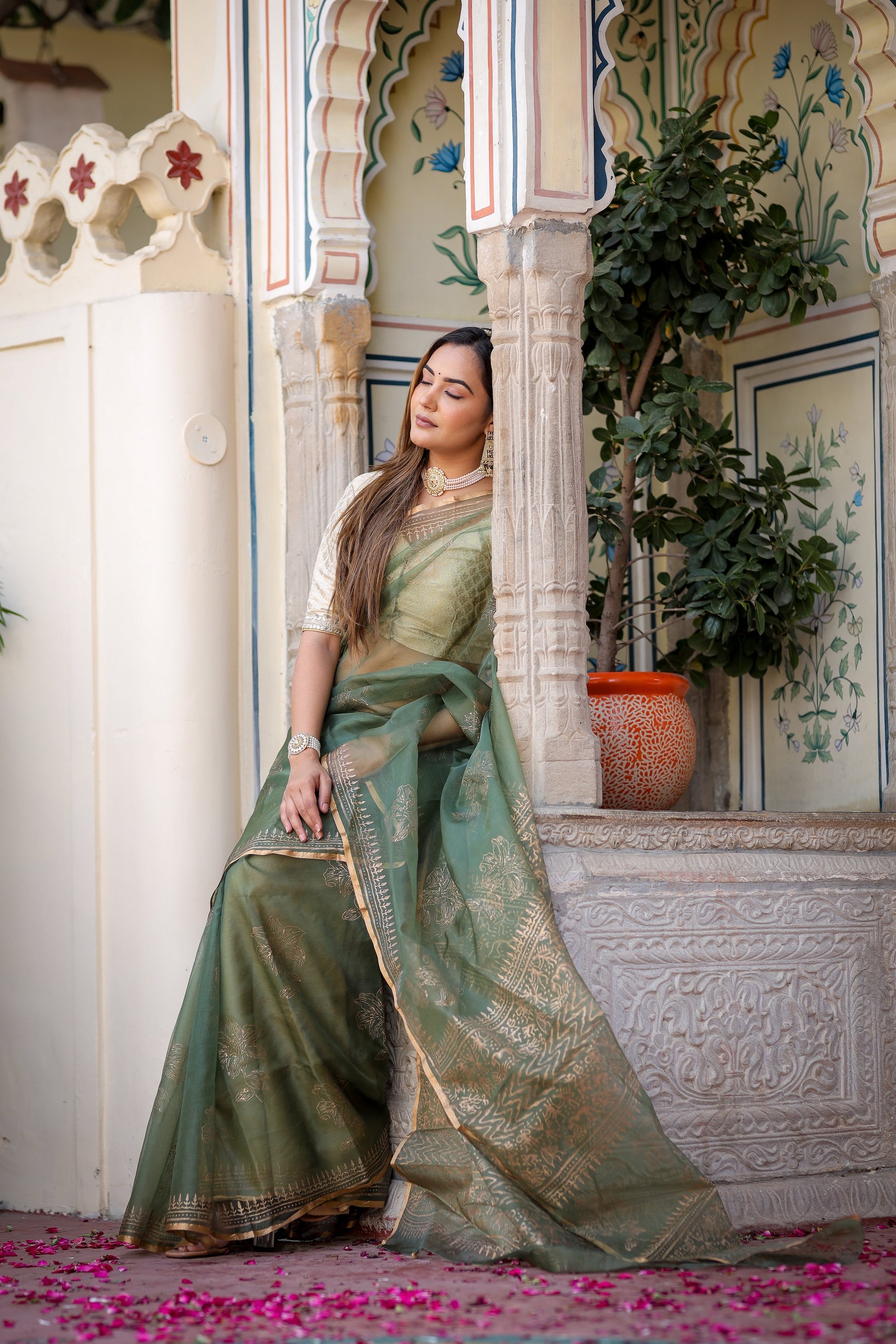 Timeless Green Gold Organza Saree Foil Work Floral
