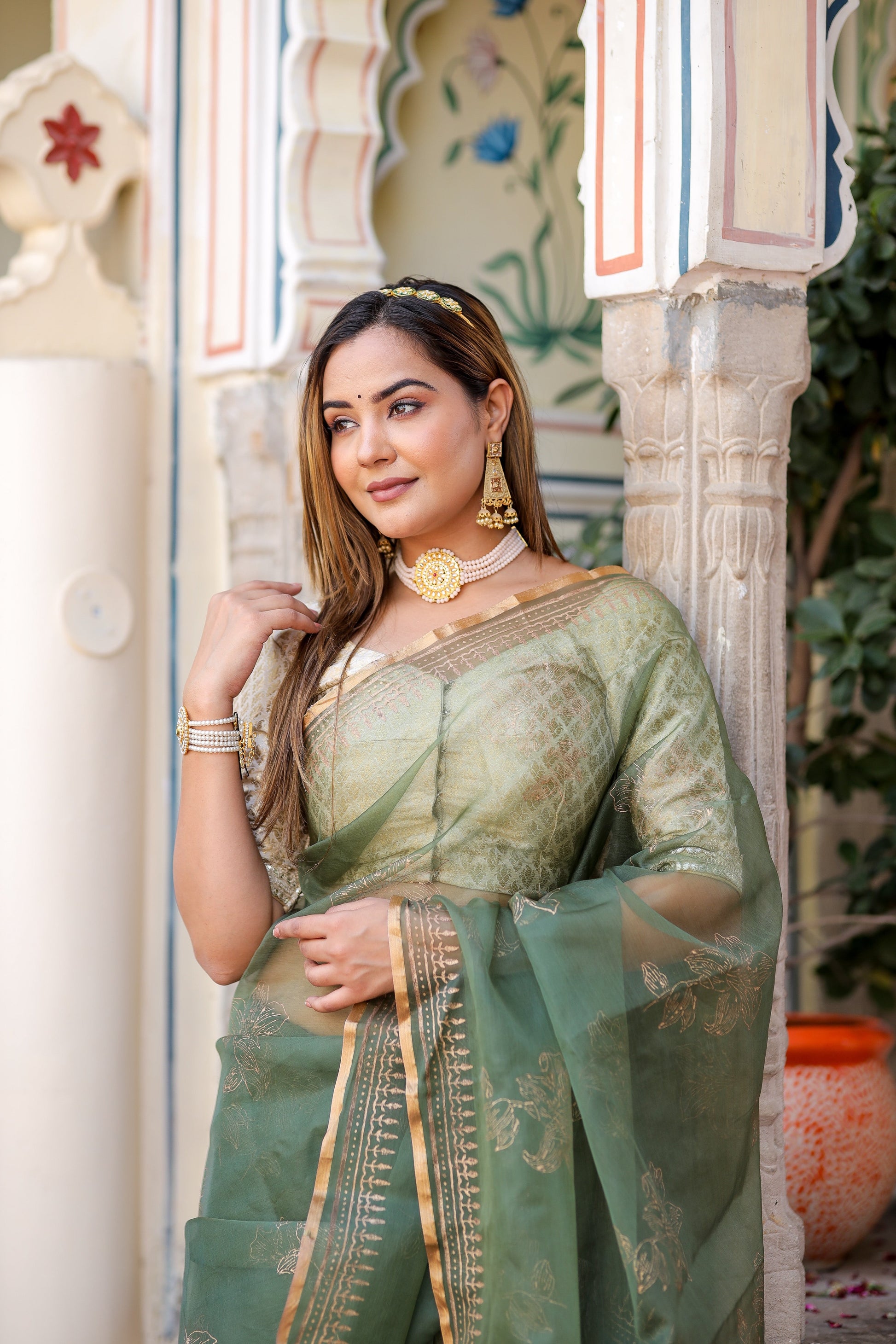 Timeless Green Gold Organza Saree Foil Work Floral