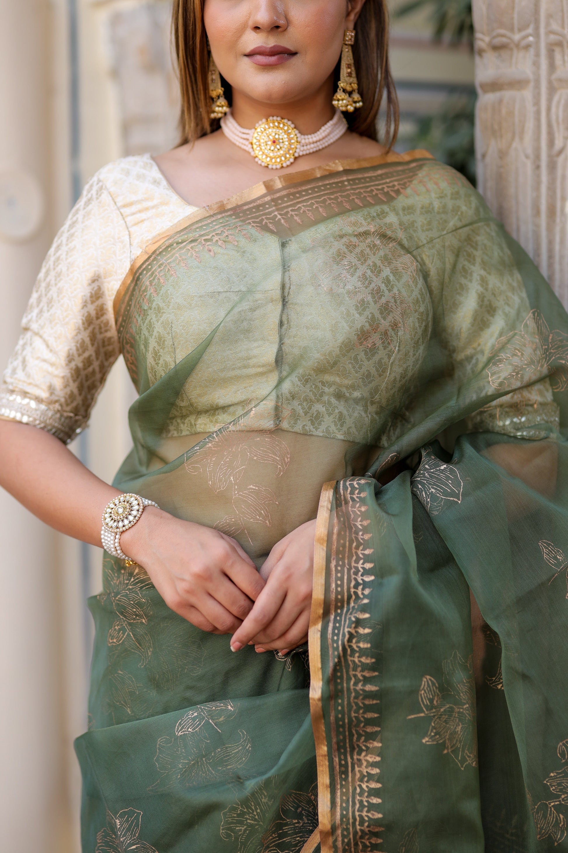 Timeless Green Gold Organza Saree Foil Work Floral