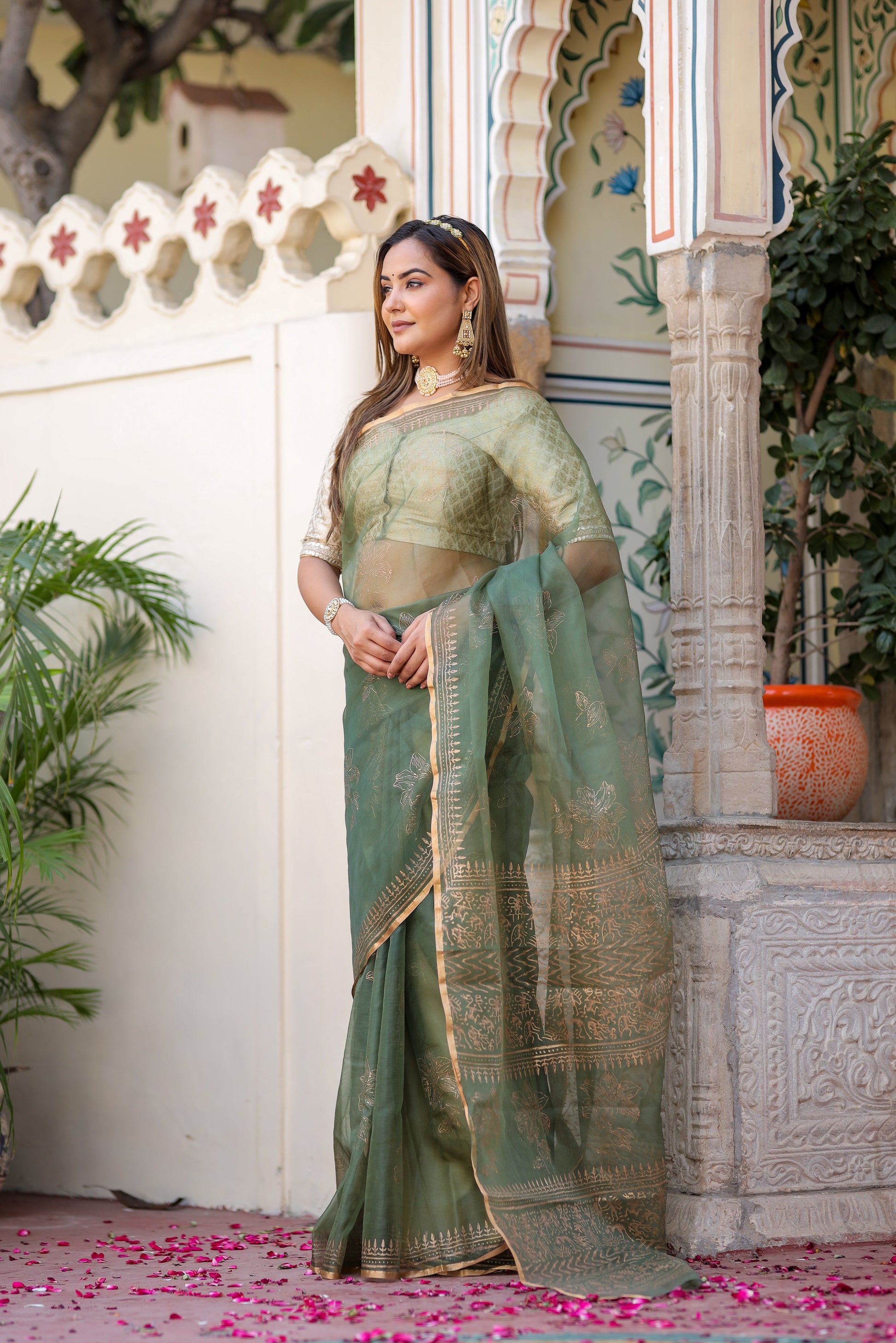 Timeless Green Gold Organza Saree Foil Work Floral