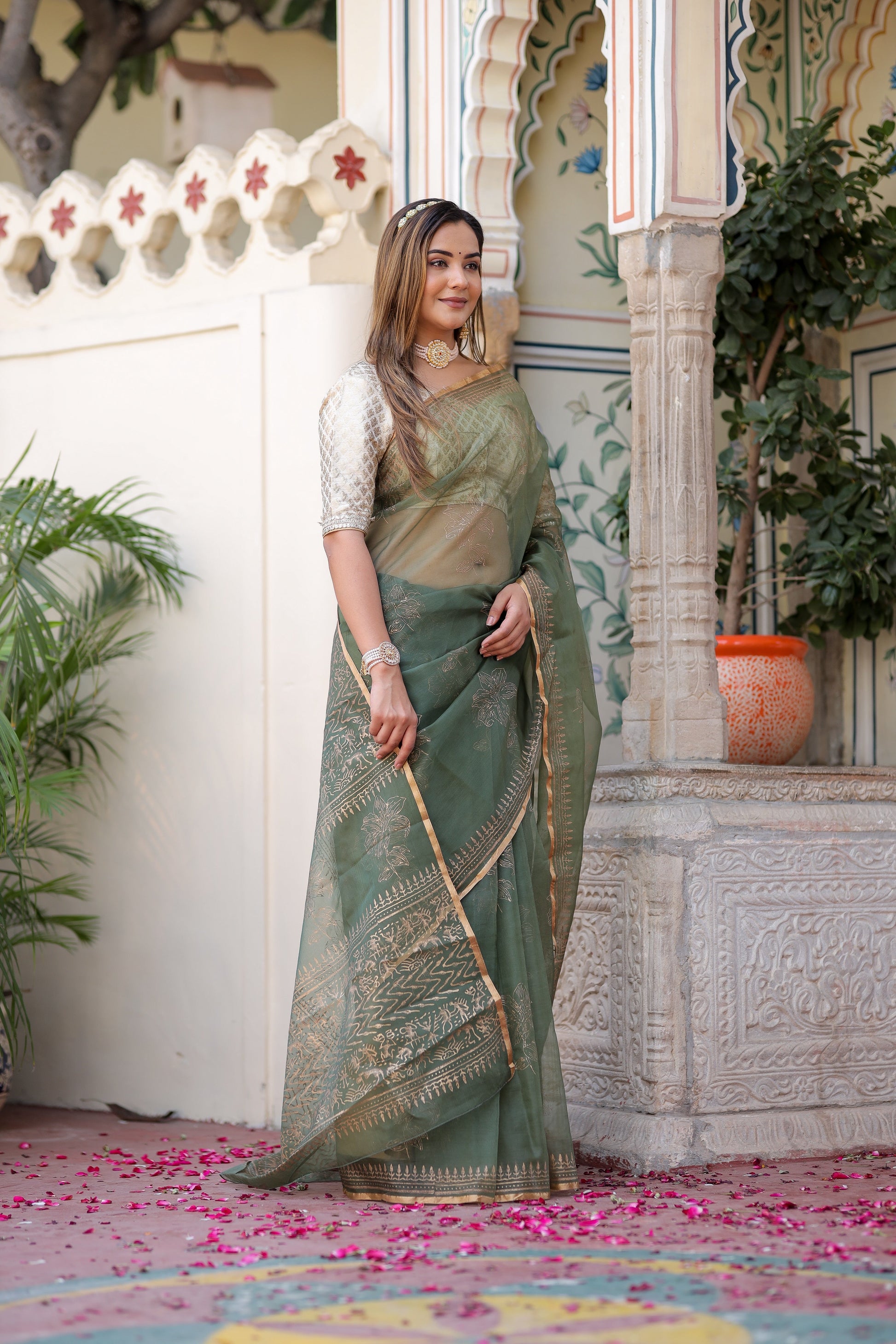 Timeless Green Gold Organza Saree Foil Work Floral
