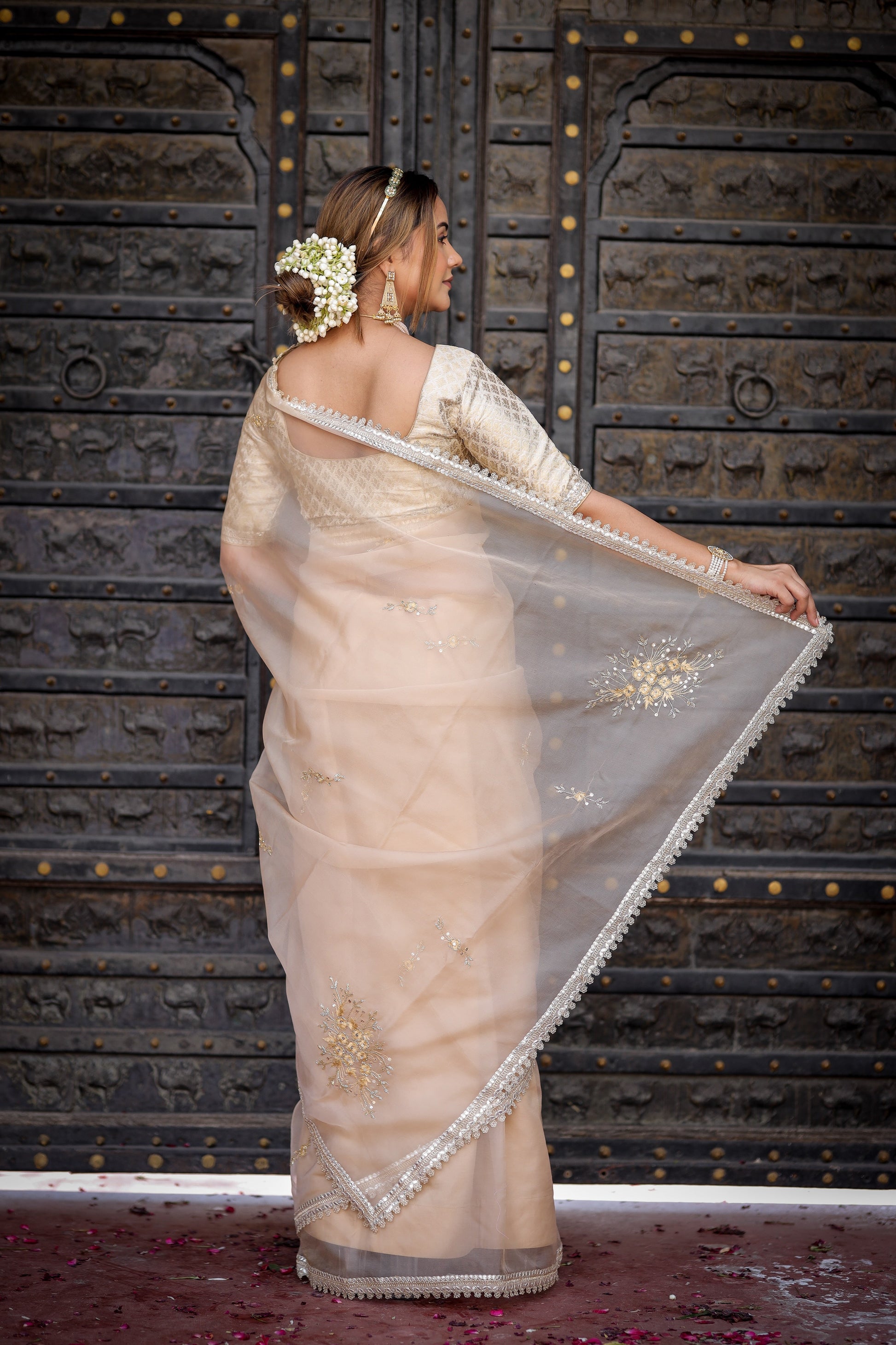 Exquisite Beige Organza Saree Hand Embroidered Floral