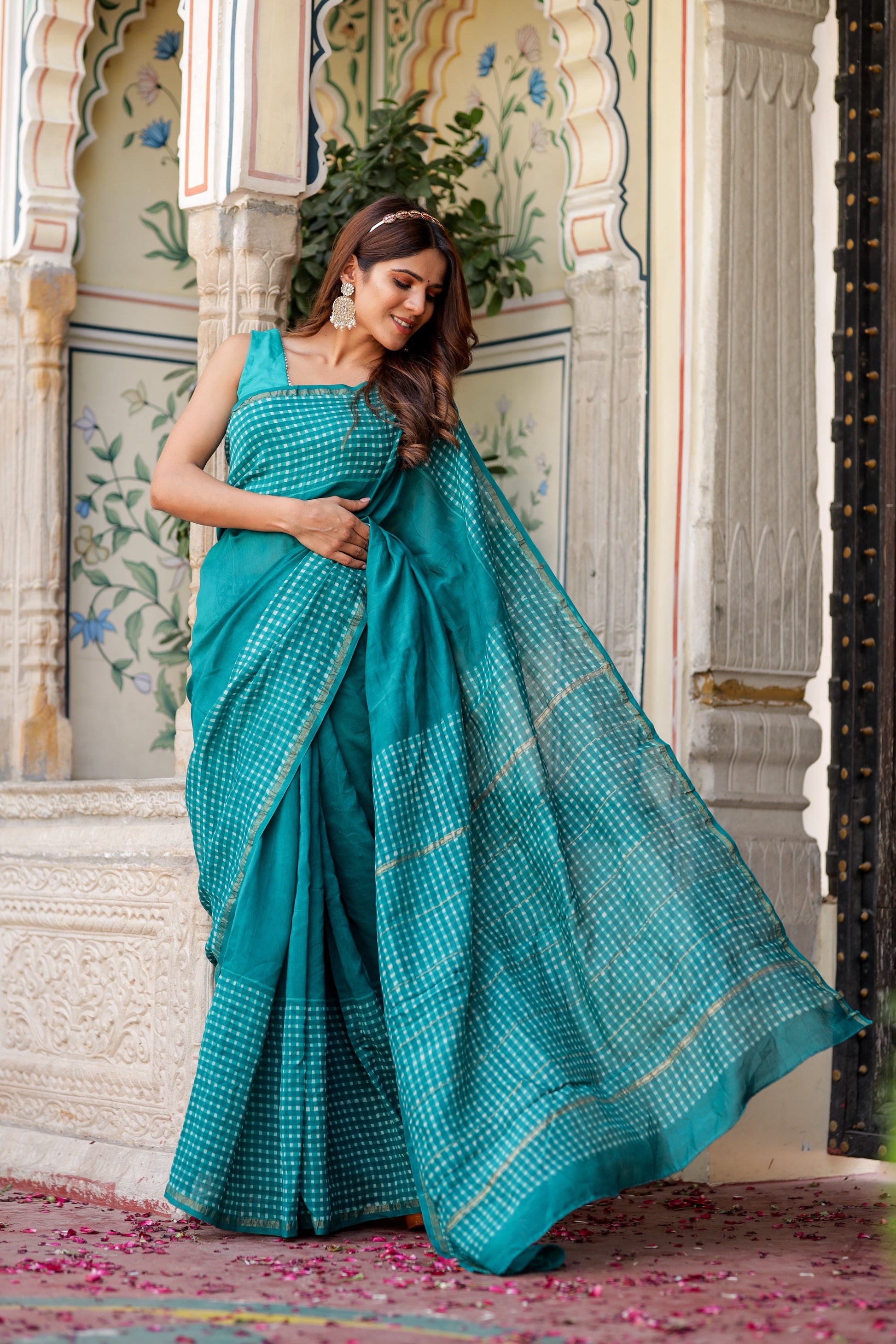 Elegant Blue Chanderi Silk Handblock Saree Zari Border Geometric