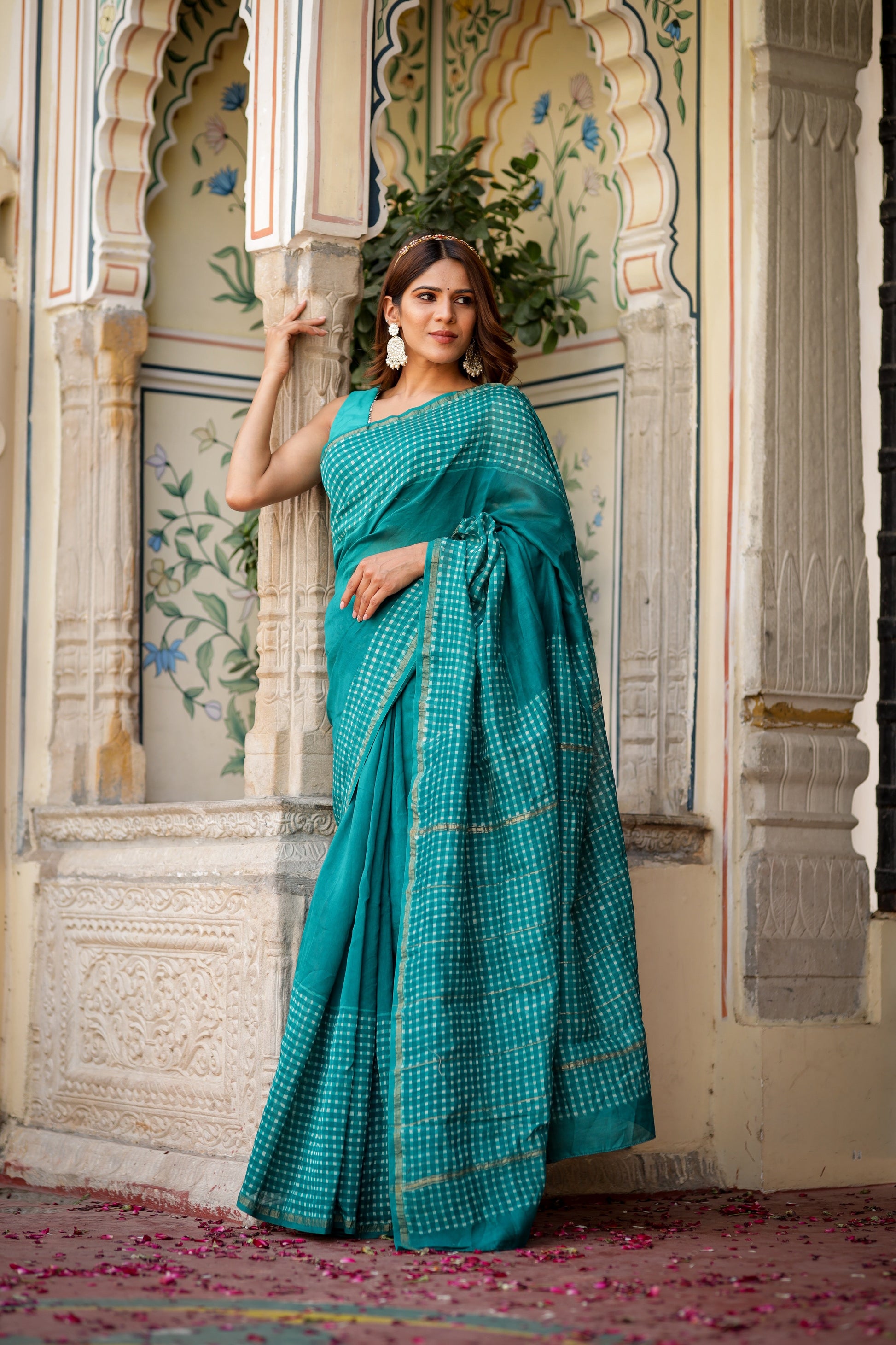 Elegant Blue Chanderi Silk Handblock Saree Zari Border Geometric