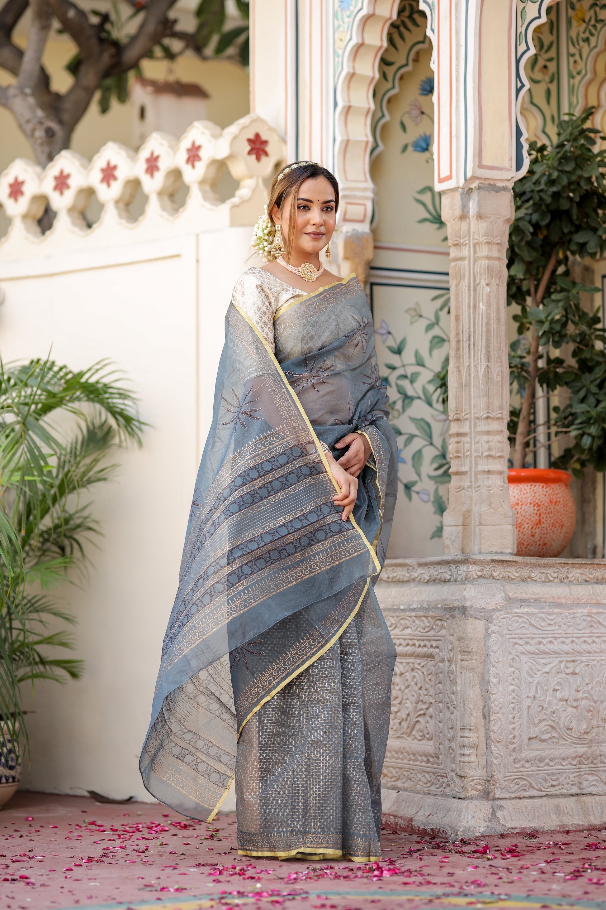Exquisite Blue Grey Organza Saree Foil Print Zari Border Floral