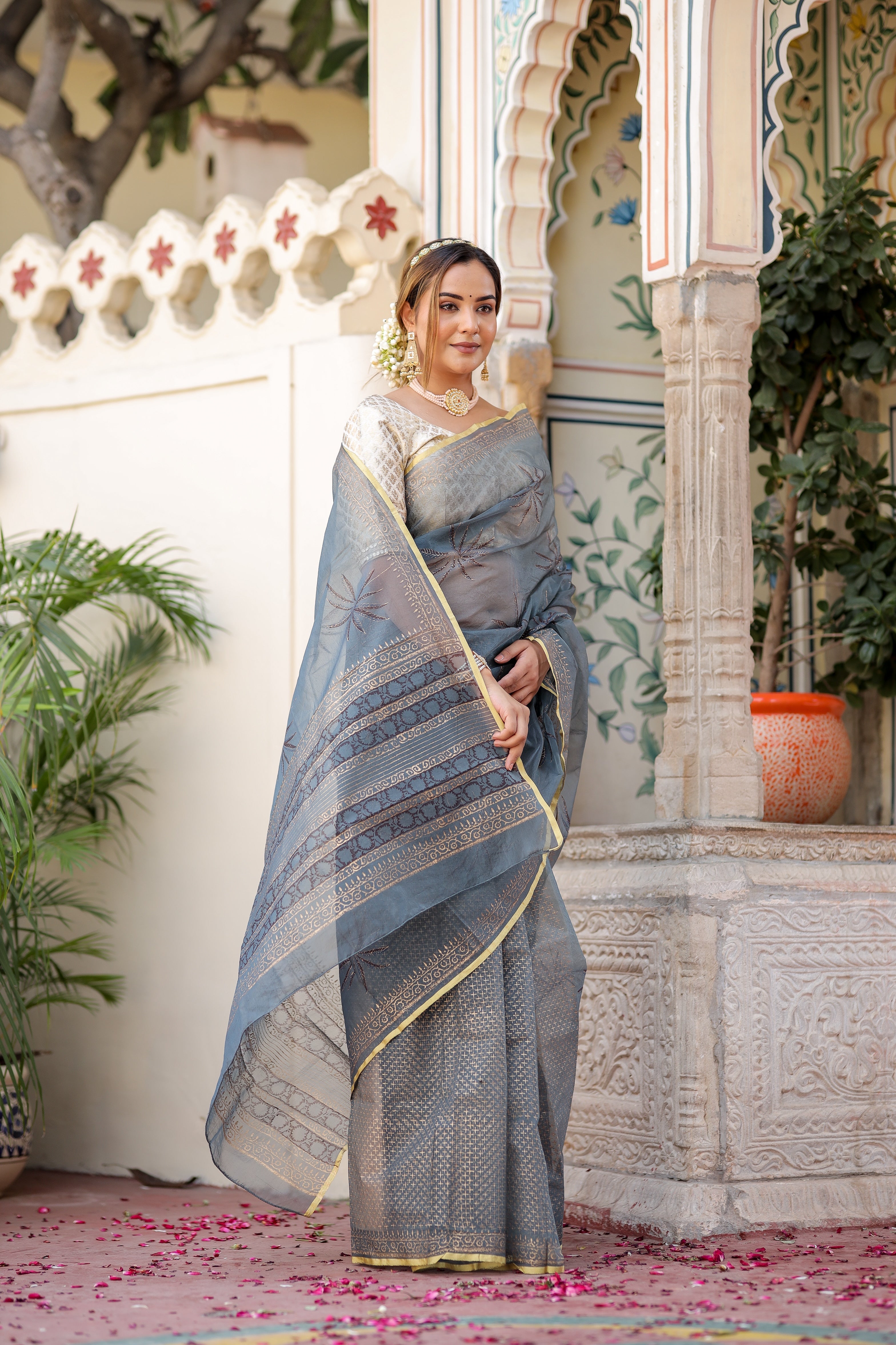 Exquisite Blue Grey Organza Saree Foil Print Zari Border Floral