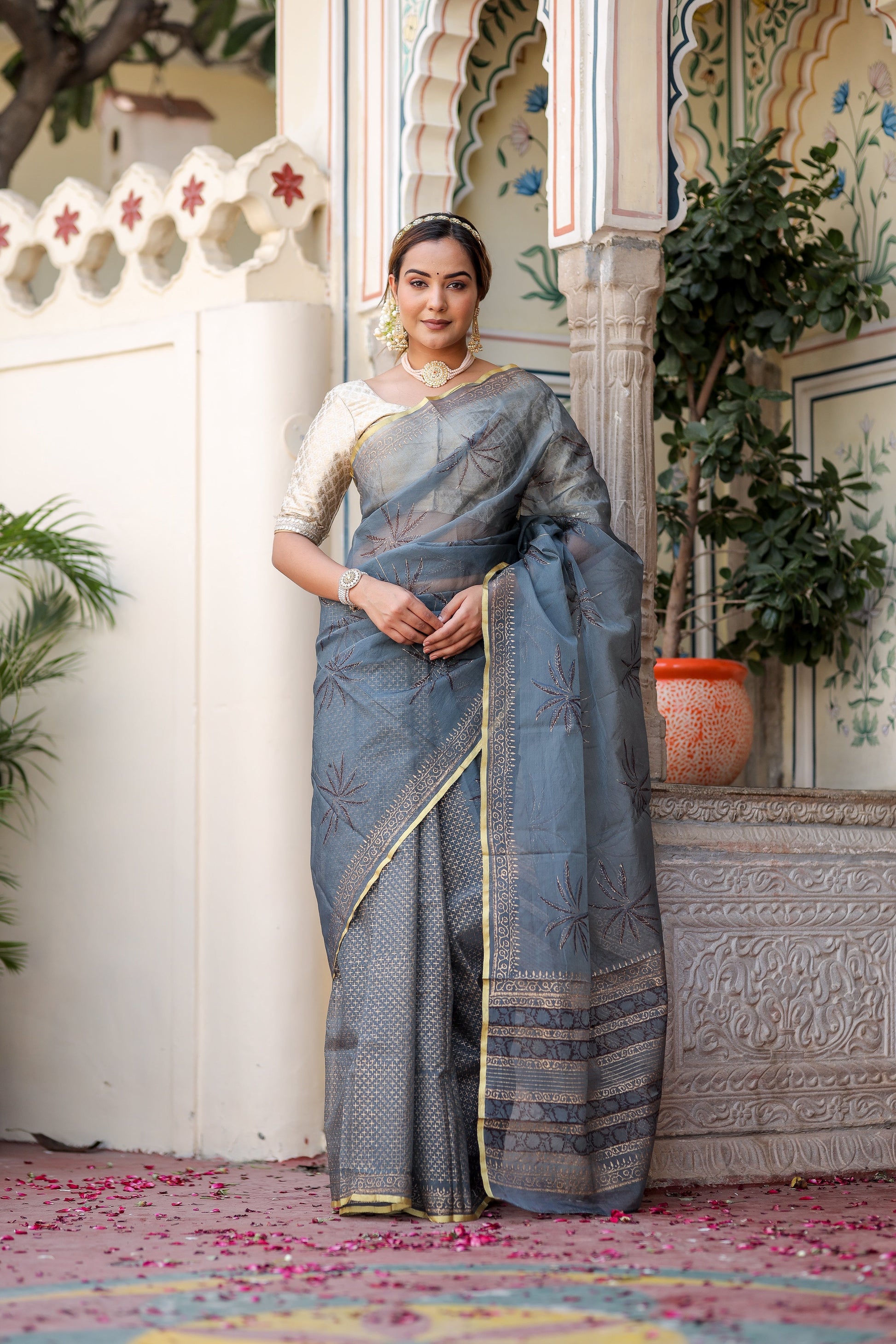 Exquisite Blue Grey Organza Saree Foil Print Zari Border Floral