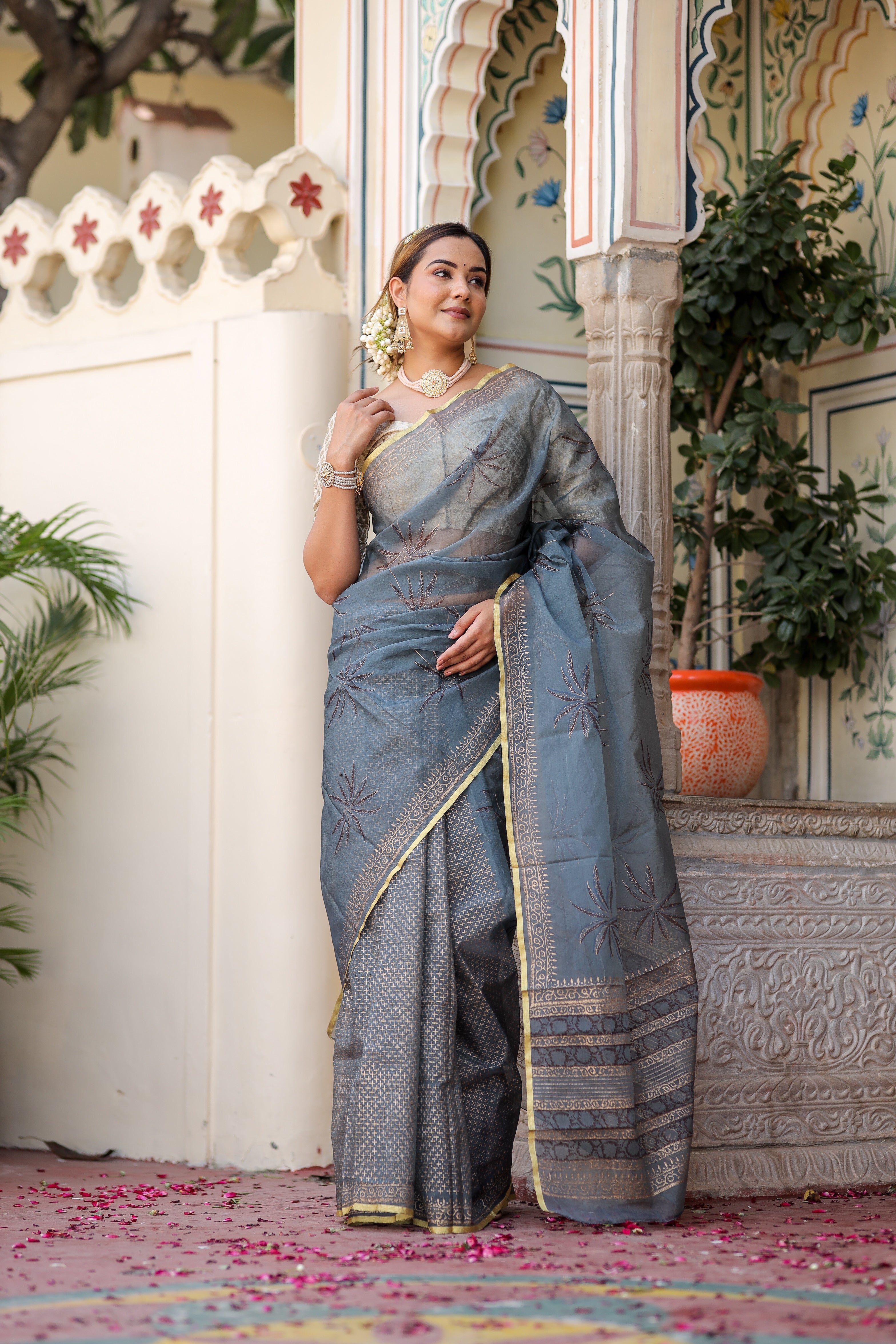 Exquisite Blue Grey Organza Saree Foil Print Zari Border Floral