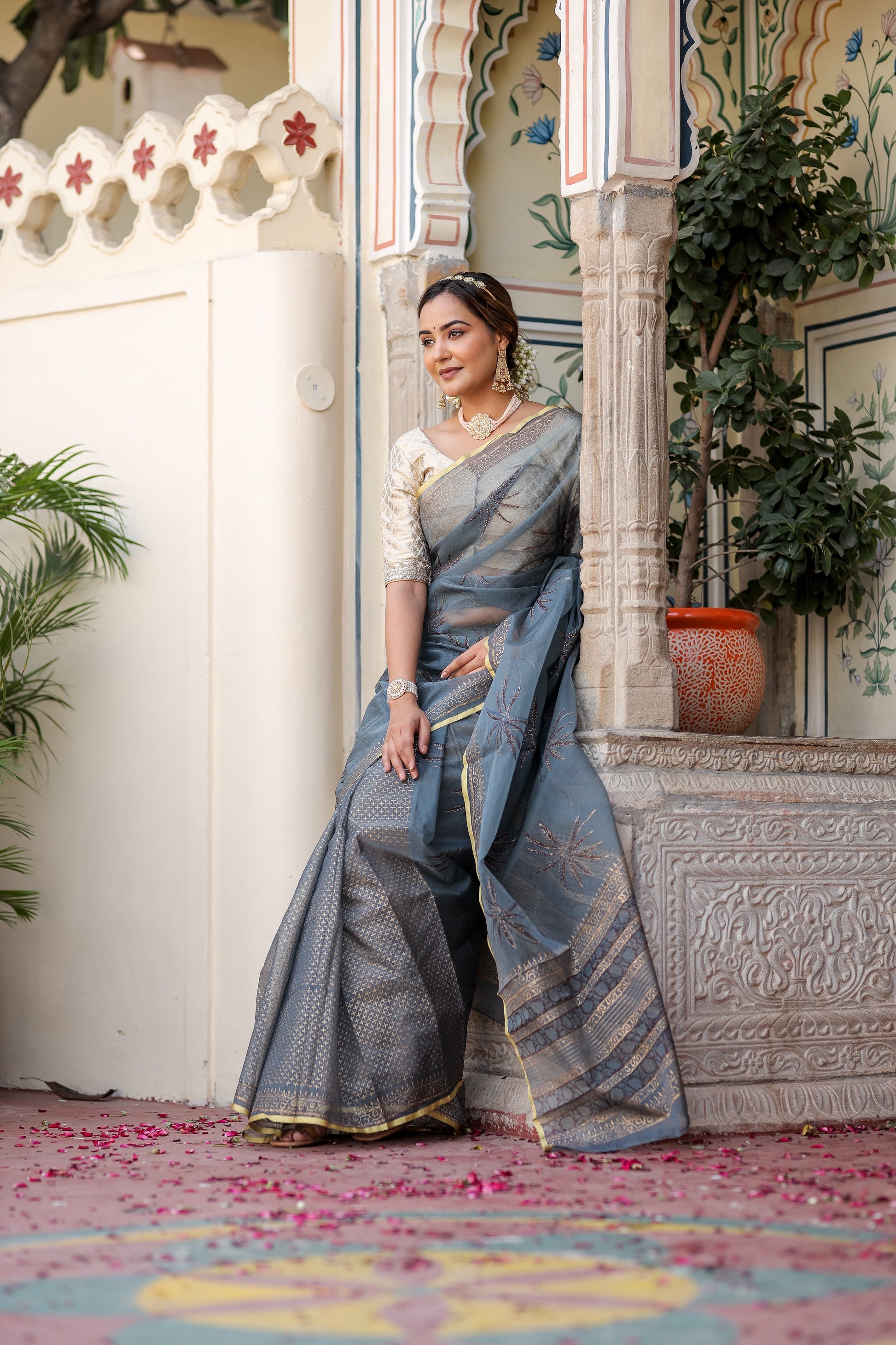 Exquisite Blue Grey Organza Saree Foil Print Zari Border Floral