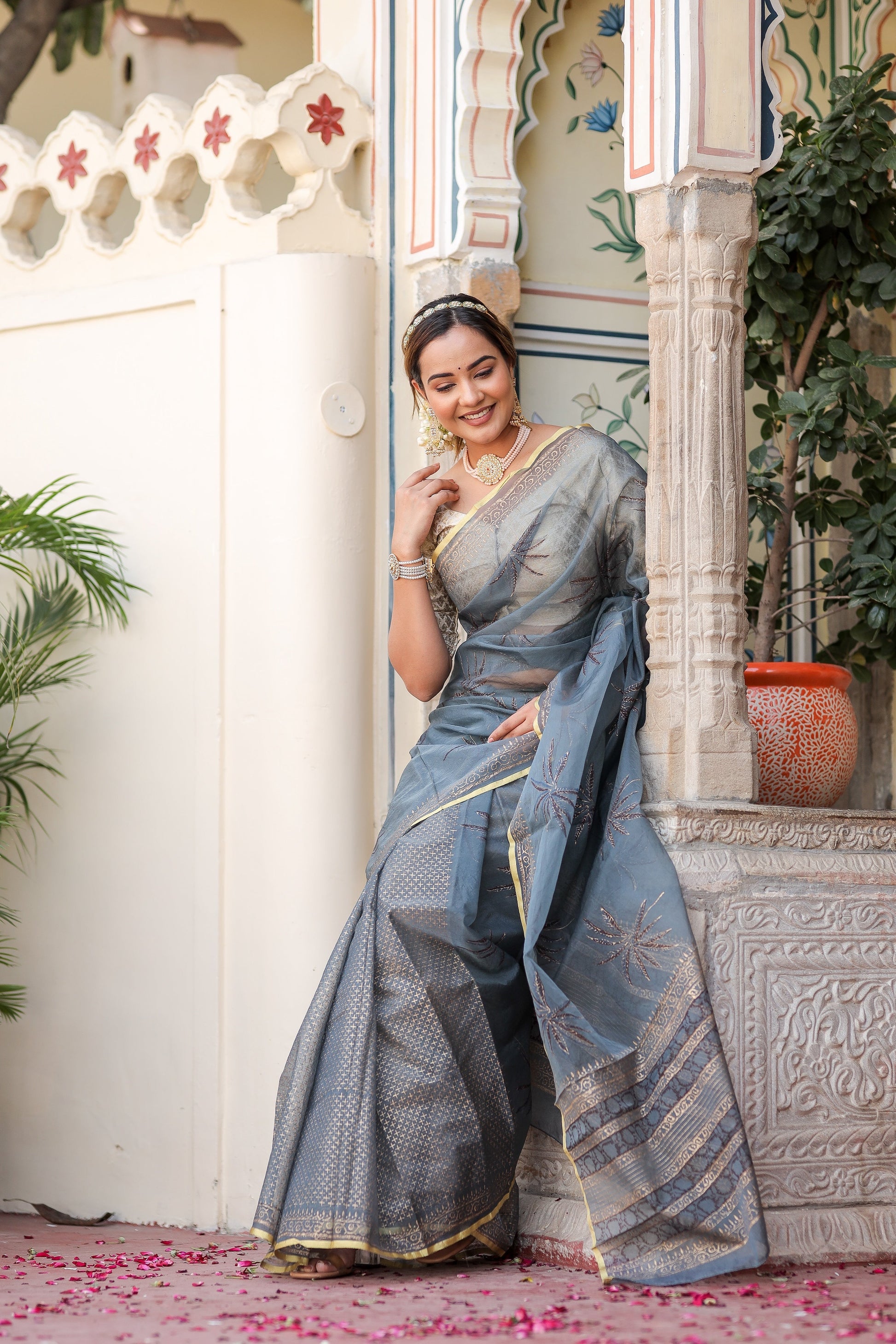 Exquisite Blue Grey Organza Saree Foil Print Zari Border Floral