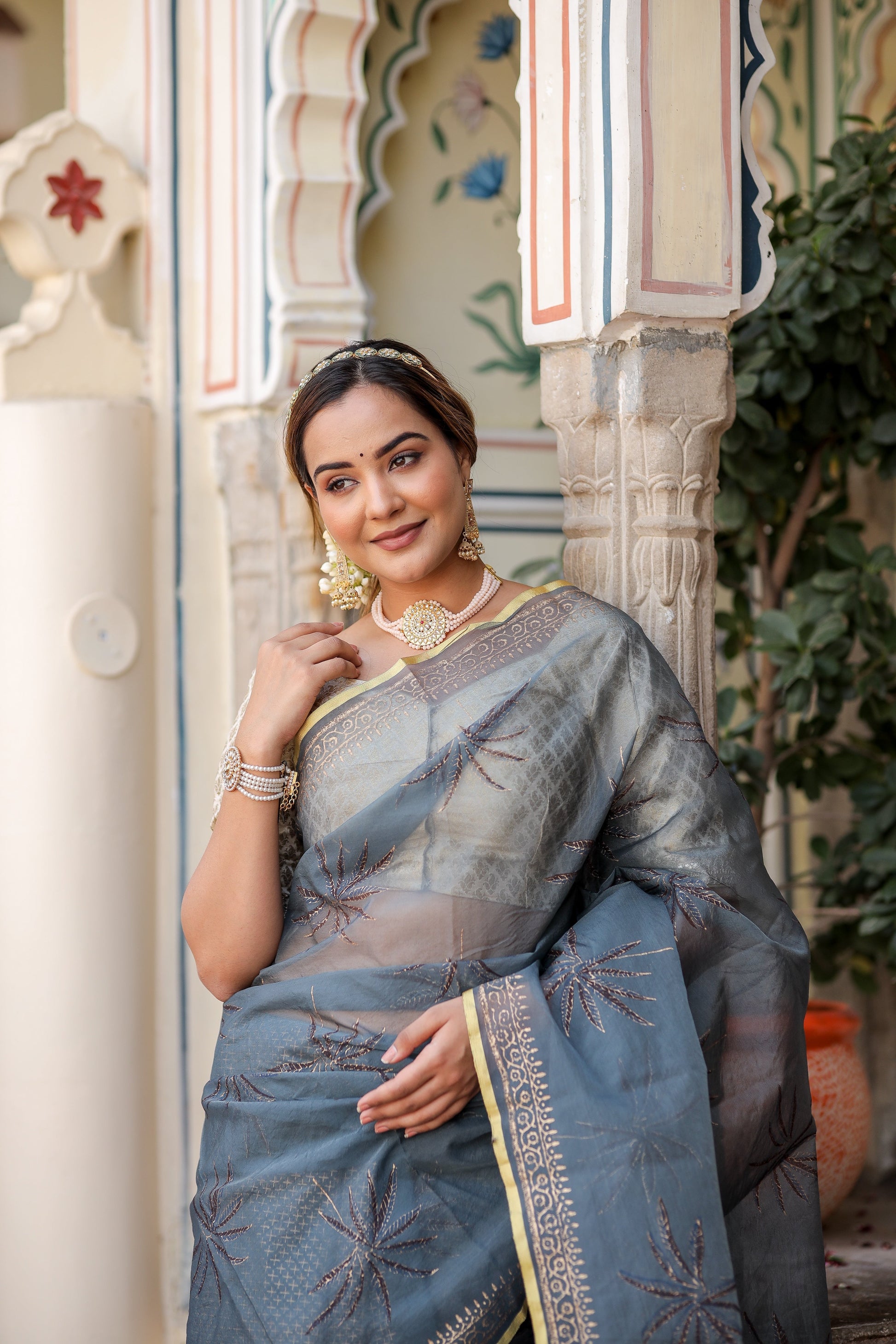 Exquisite Blue Grey Organza Saree Foil Print Zari Border Floral