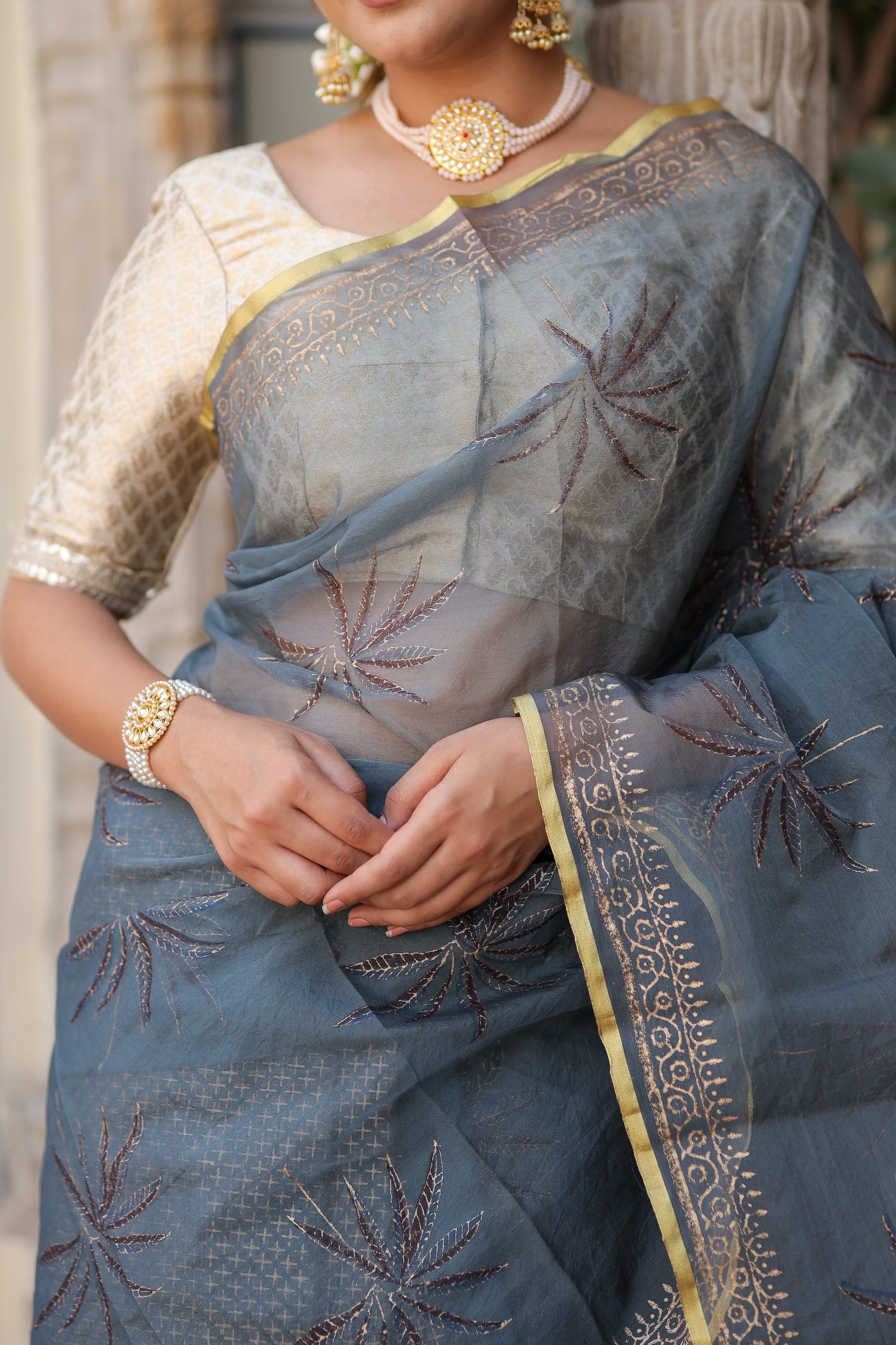 Exquisite Blue Grey Organza Saree Foil Print Zari Border Floral
