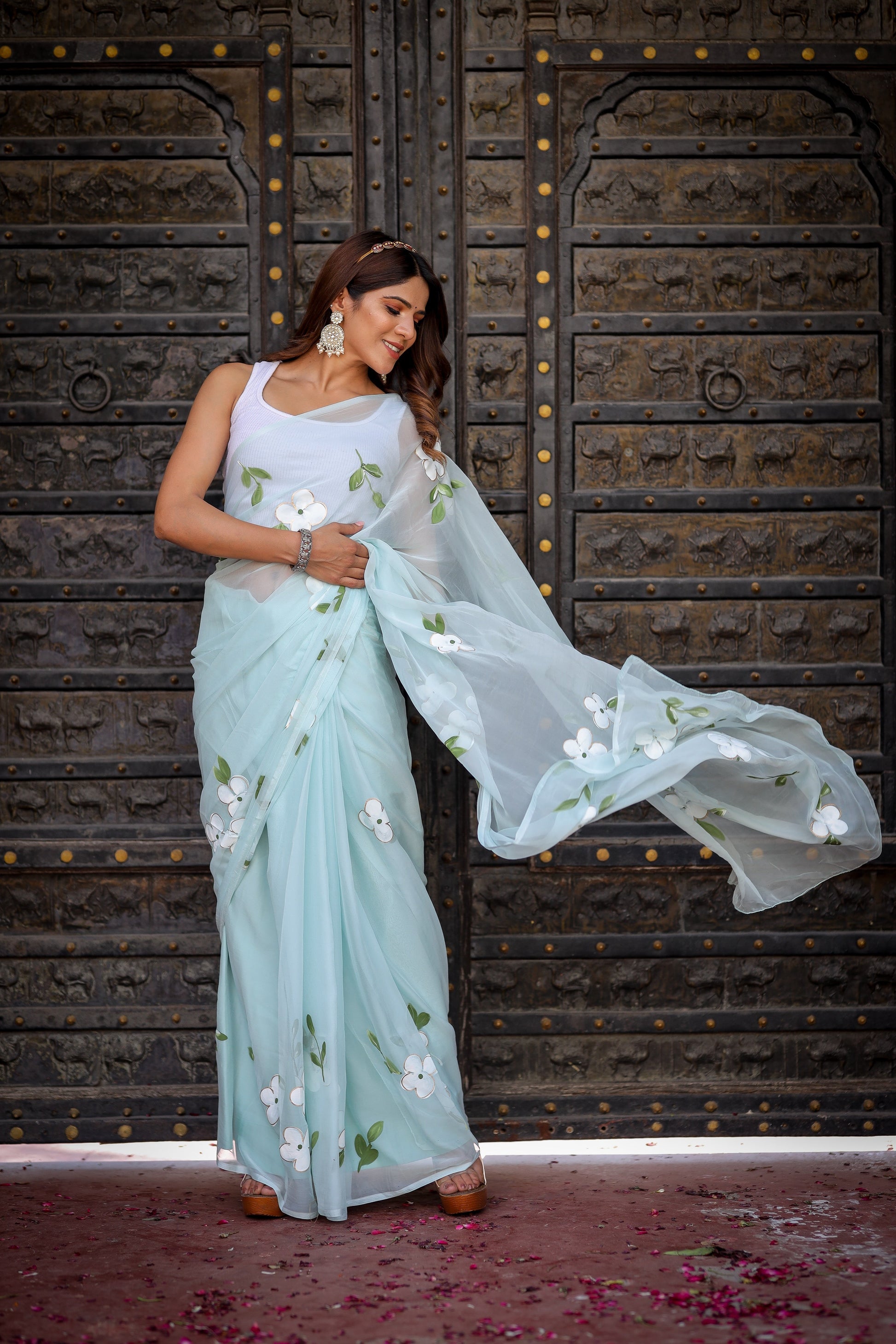 Serene Light Blue Handpainted Chiffon Saree Floral