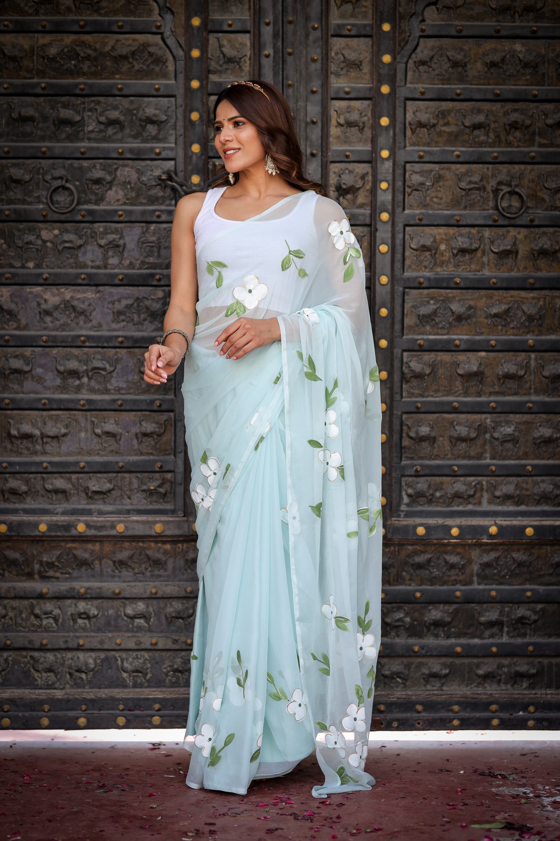 Serene Light Blue Handpainted Chiffon Saree Floral