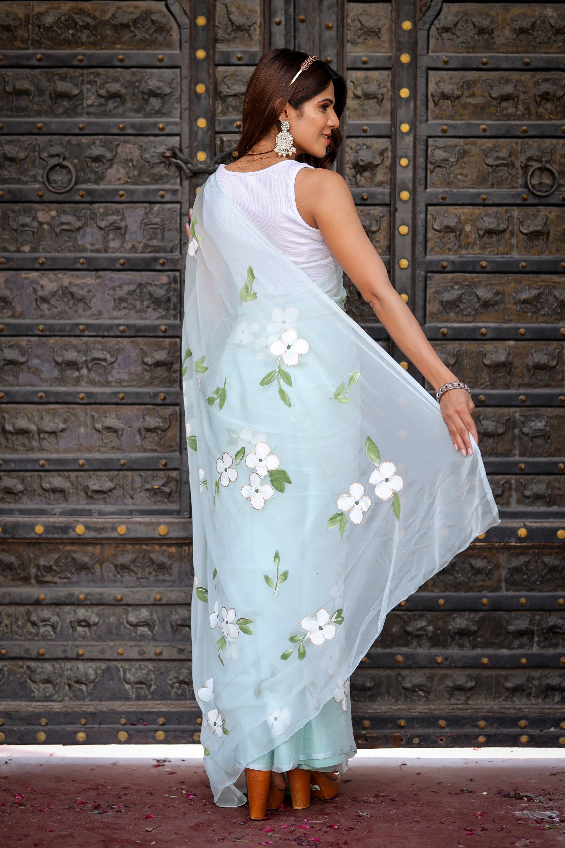 Serene Light Blue Handpainted Chiffon Saree Floral