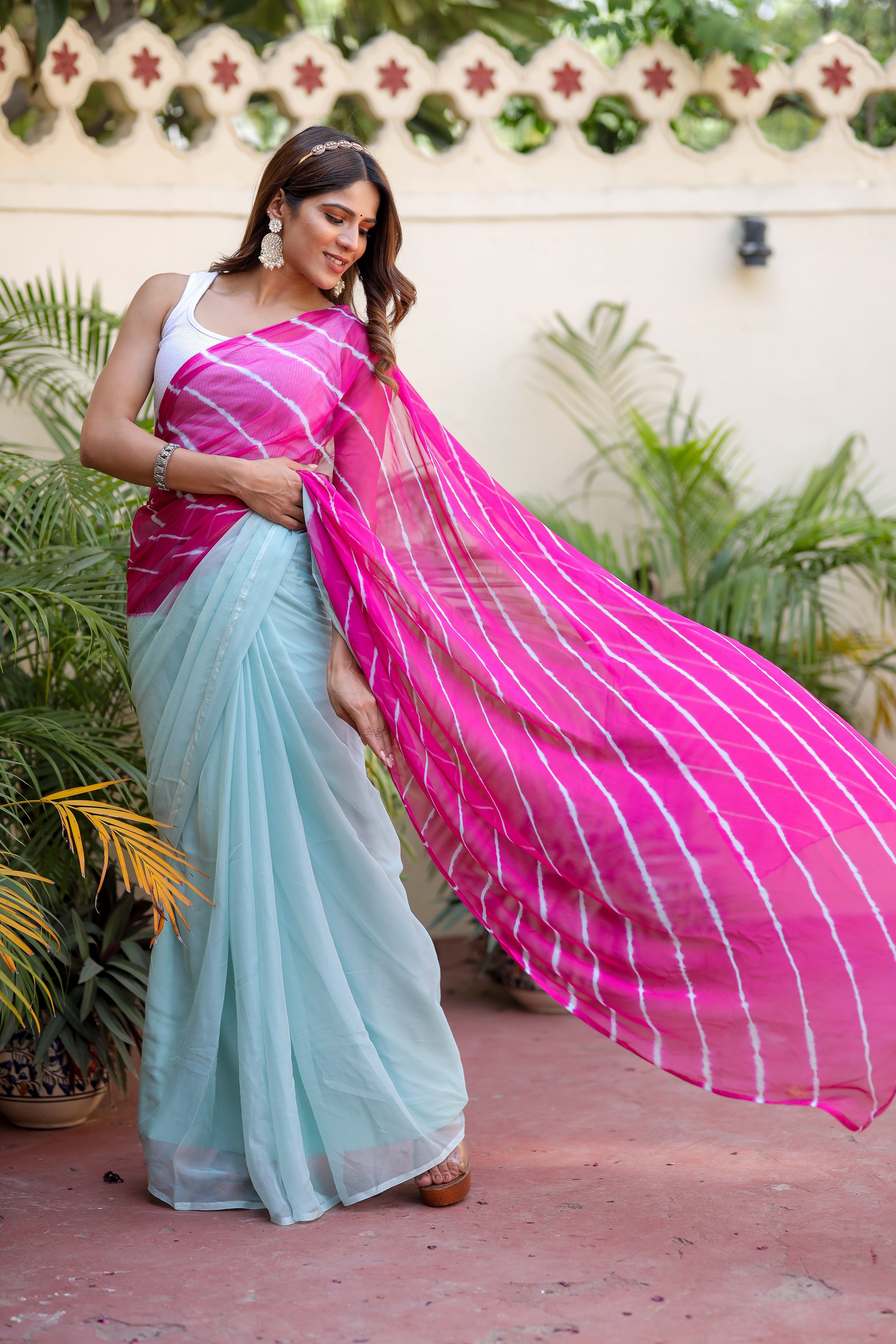 Peaceful Pink Blue Lehriya Chiffon Saree Geometric