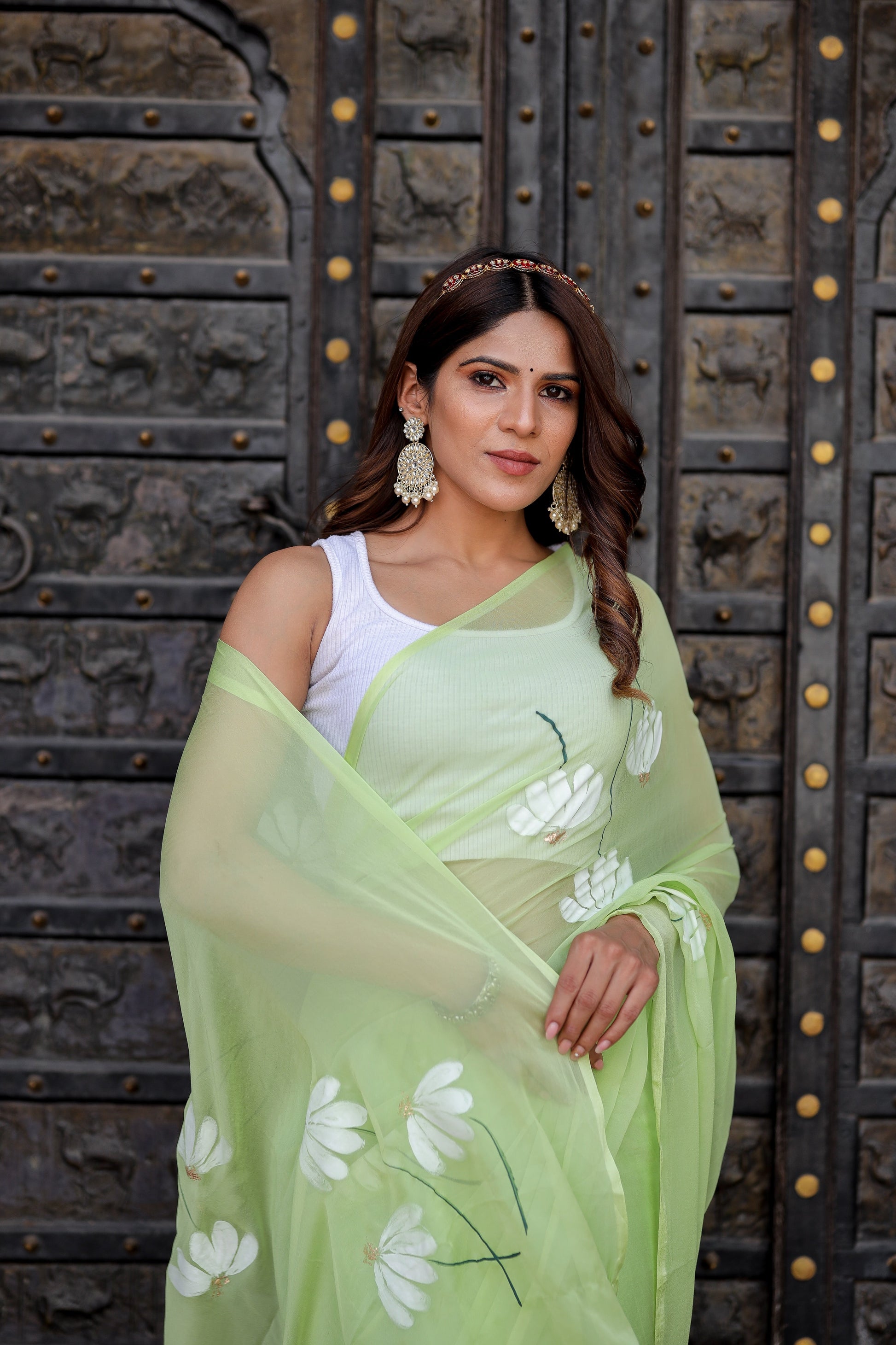 Captivating Green Handpainted Chiffon Saree Floral