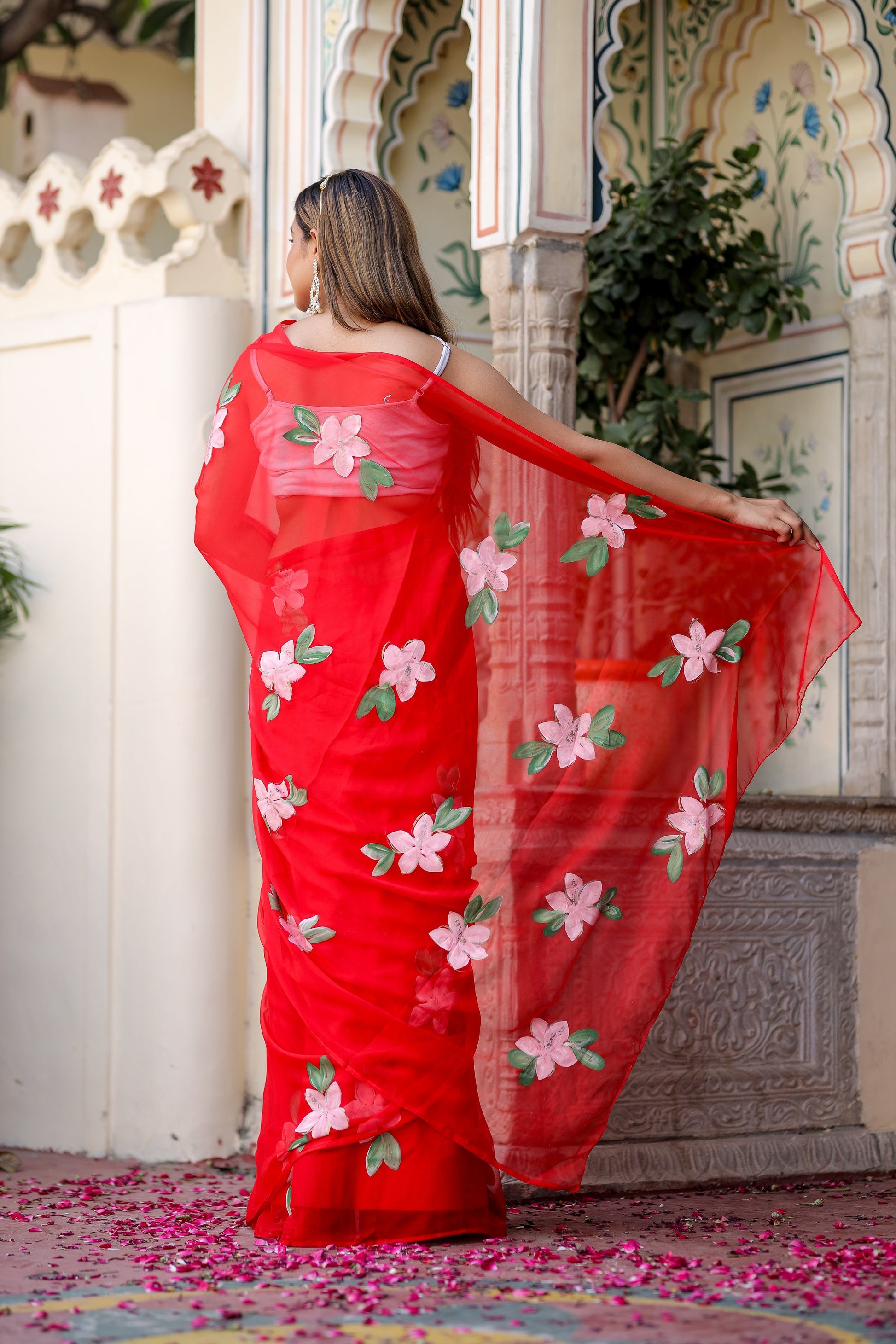 Striking Scarlet Red Handpainted Chiffon Saree Floral