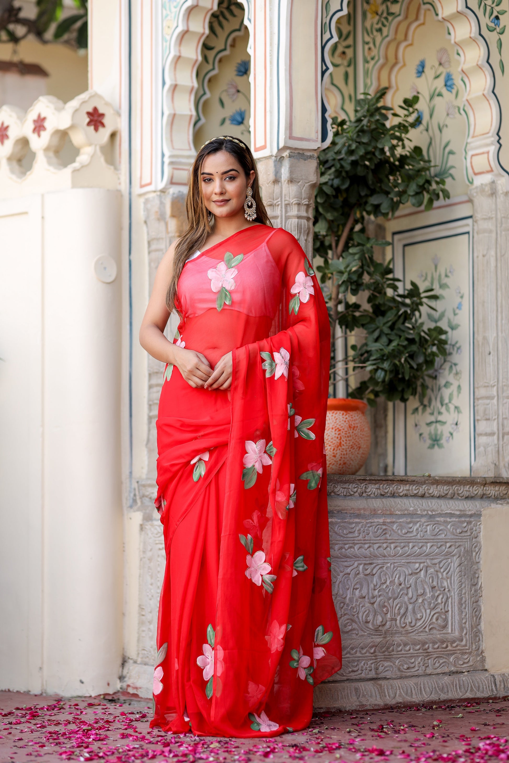 Striking Scarlet Red Handpainted Chiffon Saree Floral