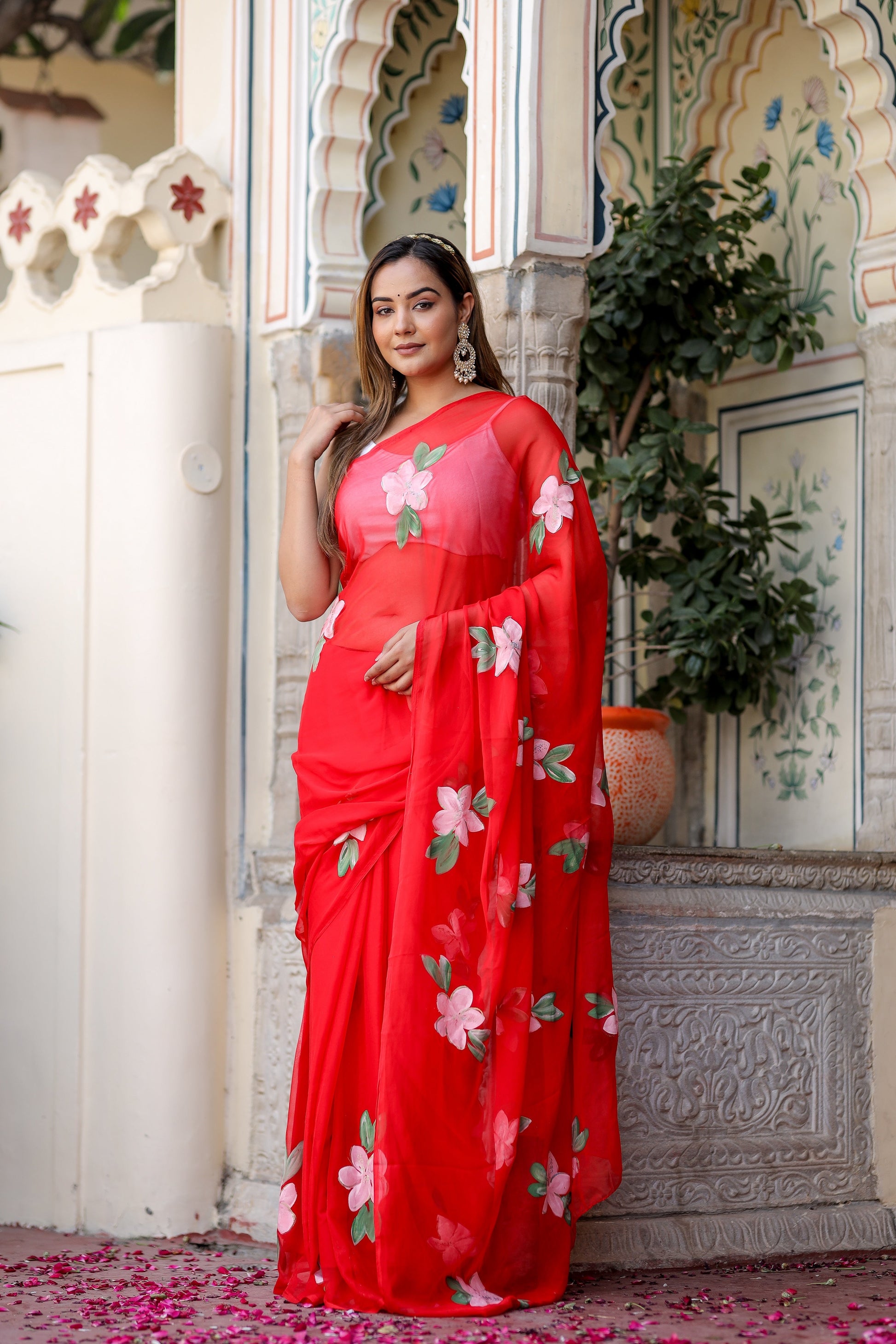 Striking Scarlet Red Handpainted Chiffon Saree Floral