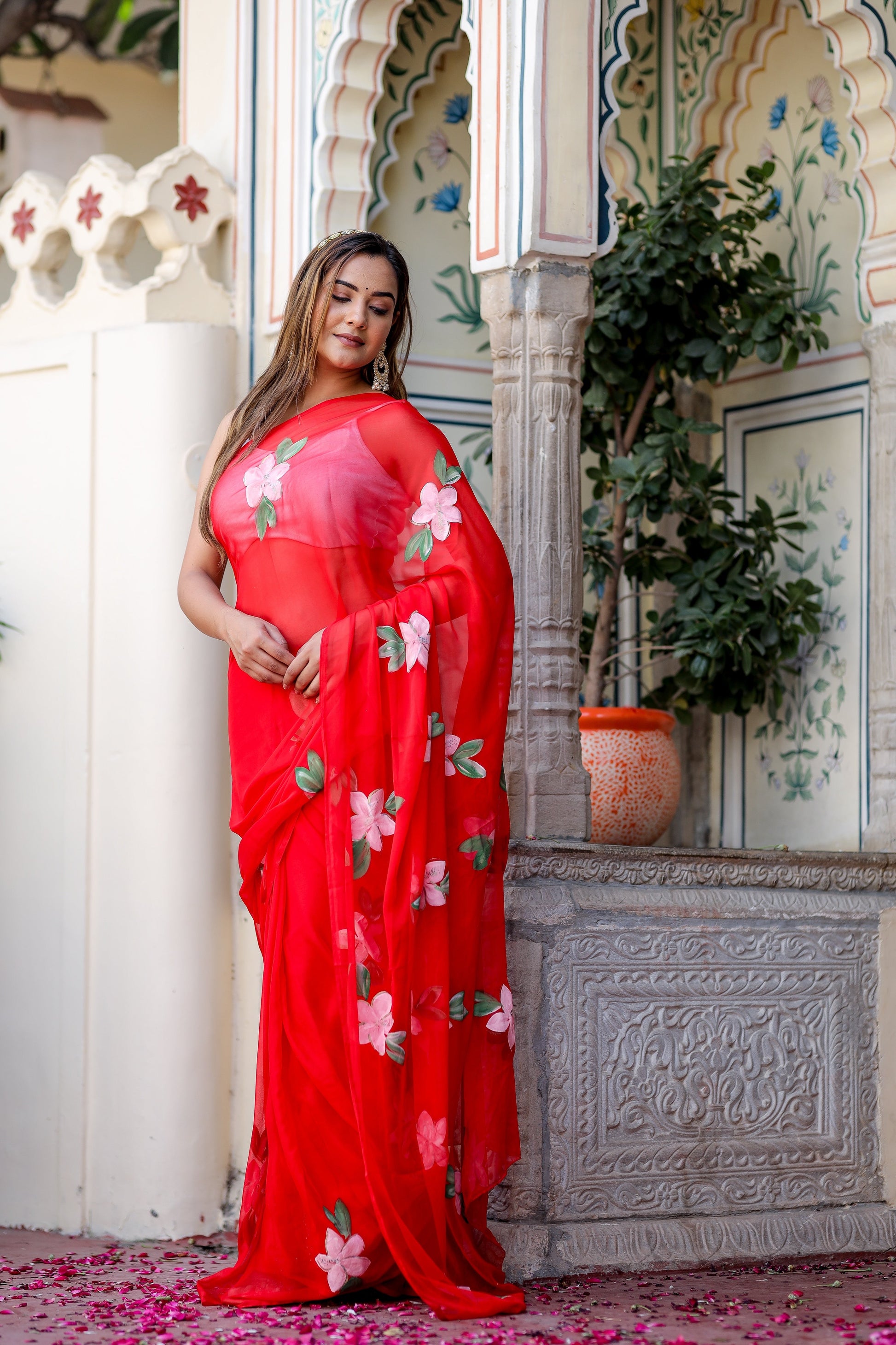 Striking Scarlet Red Handpainted Chiffon Saree Floral