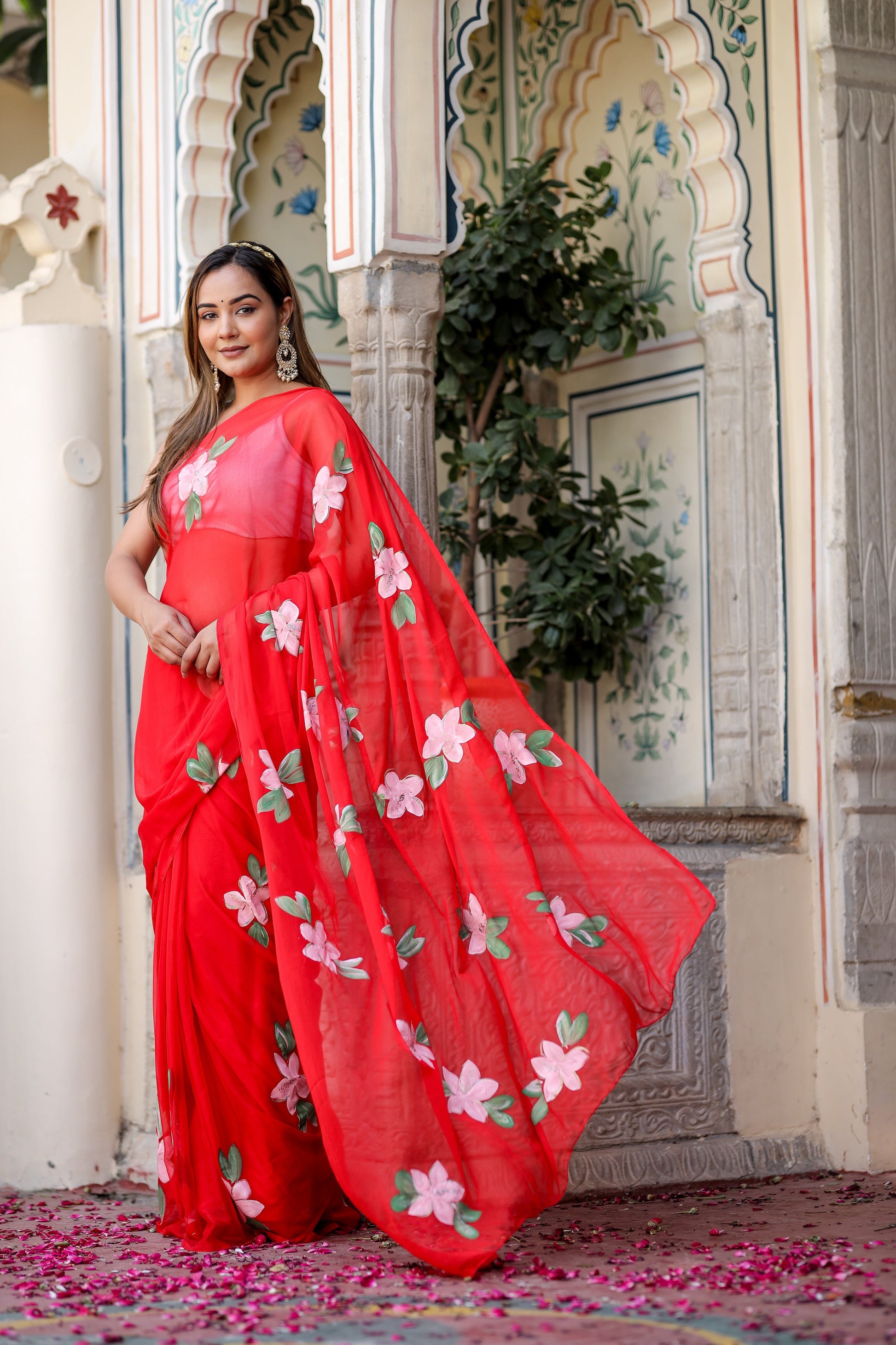 Striking Scarlet Red Handpainted Chiffon Saree Floral
