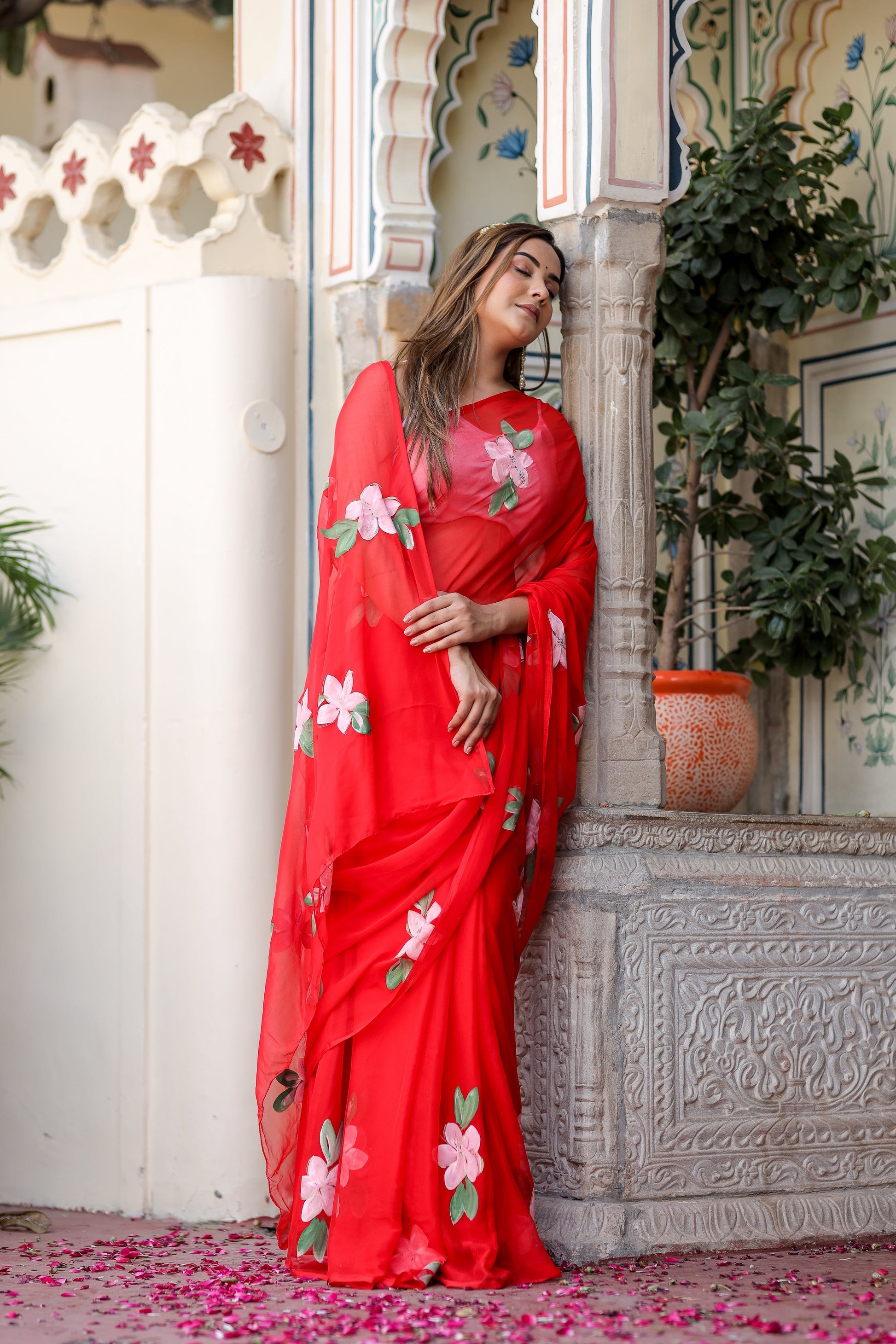 Striking Scarlet Red Handpainted Chiffon Saree Floral