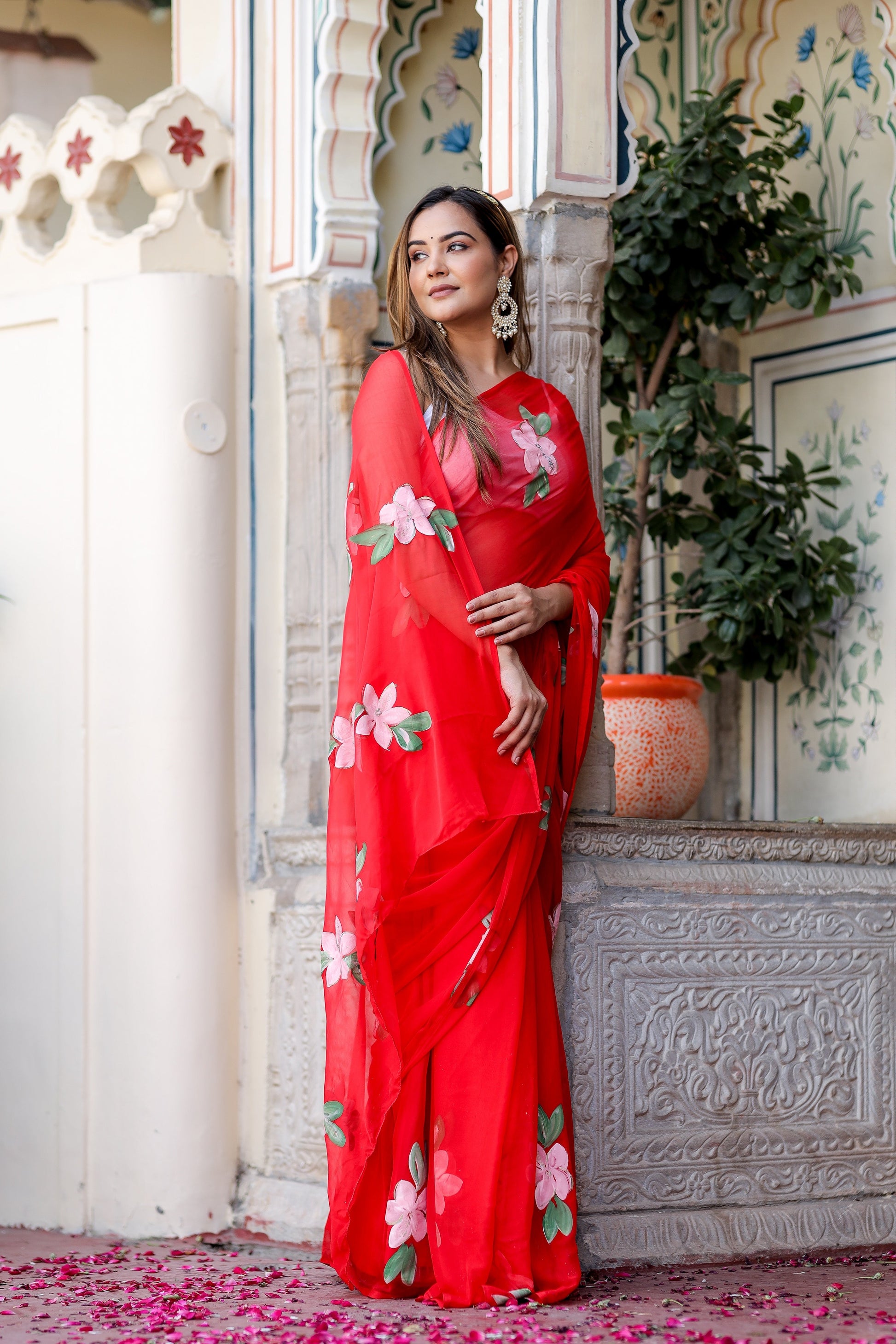 Striking Scarlet Red Handpainted Chiffon Saree Floral