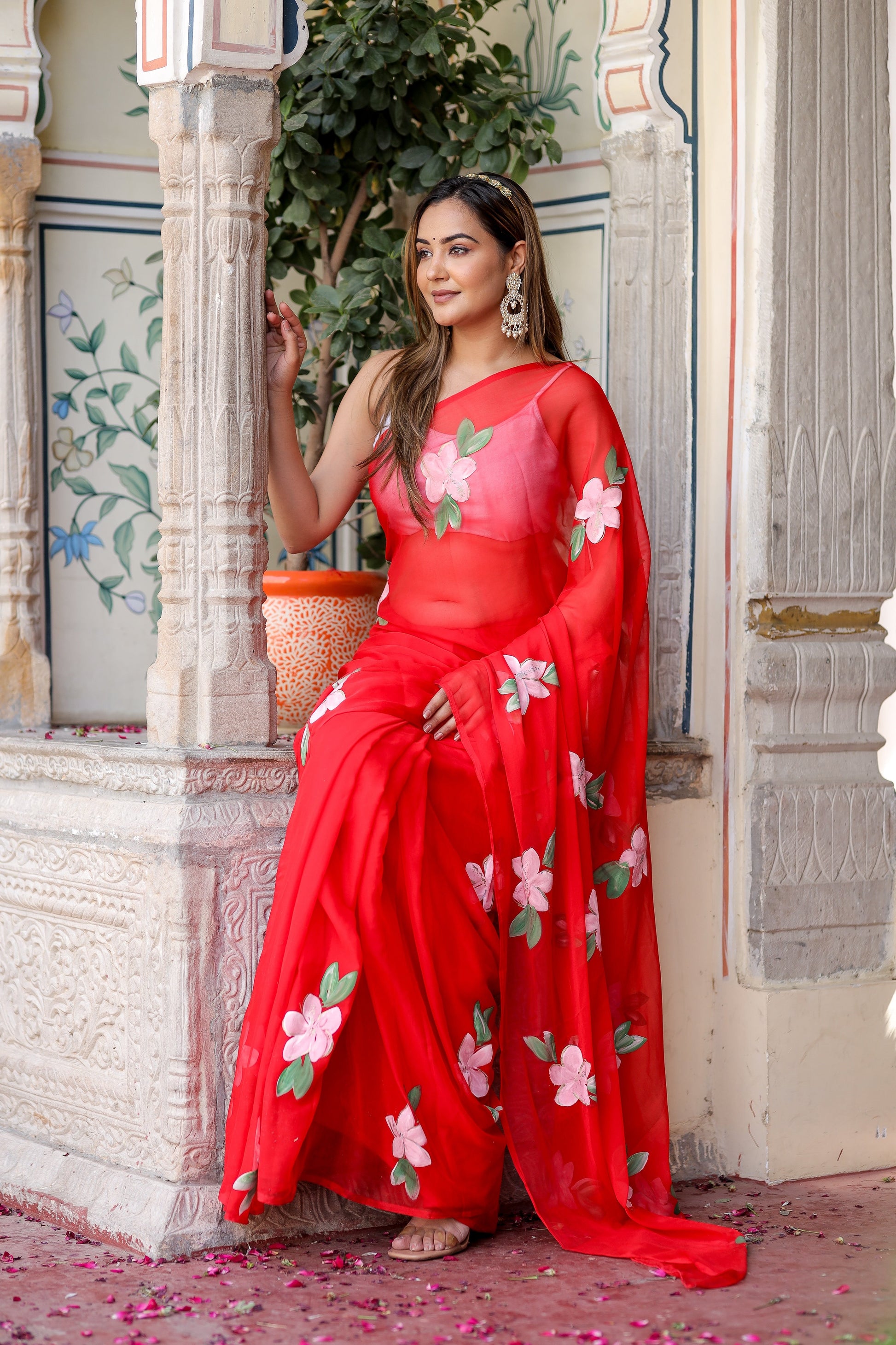 Striking Scarlet Red Handpainted Chiffon Saree Floral