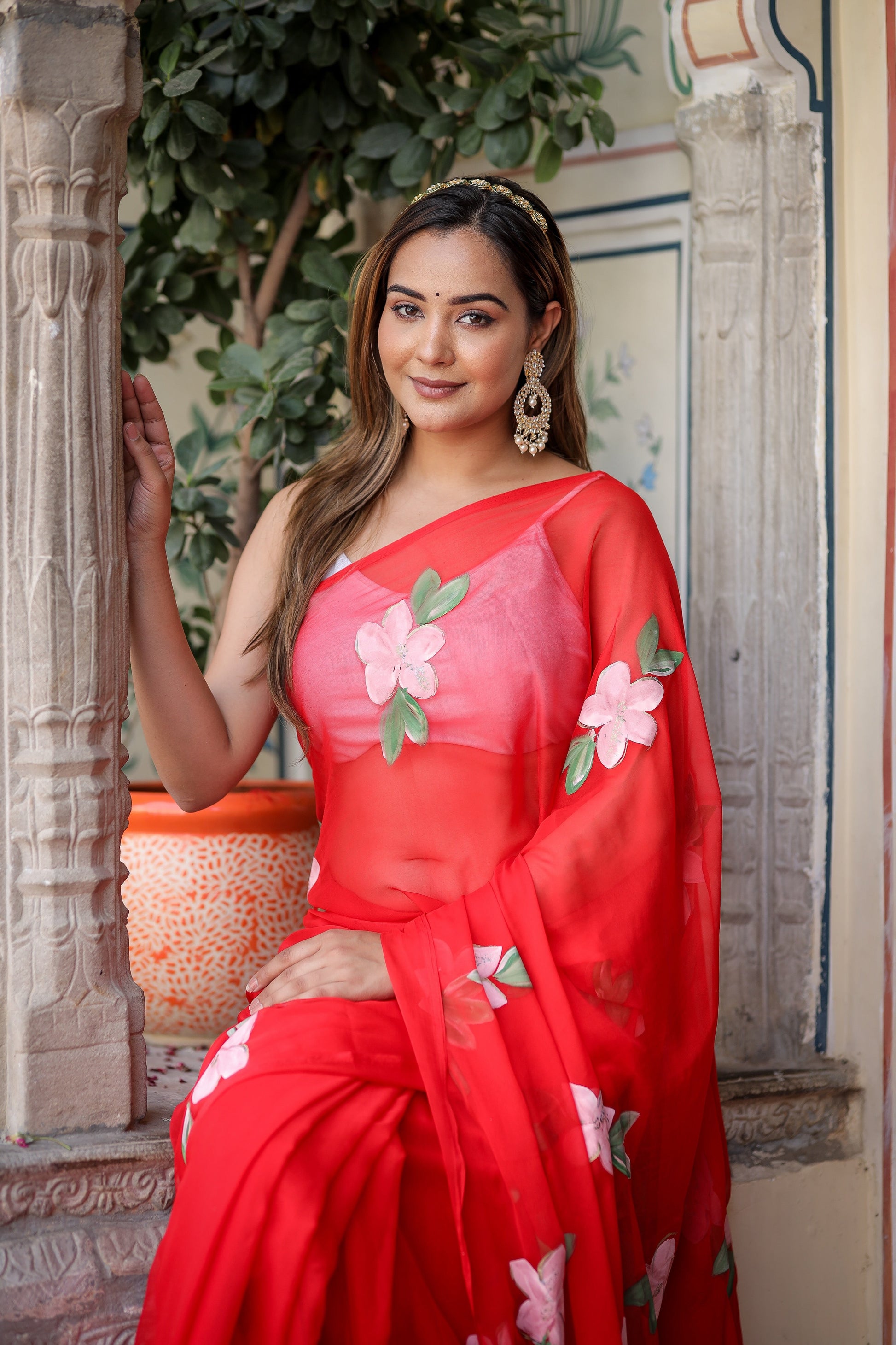 Striking Scarlet Red Handpainted Chiffon Saree Floral