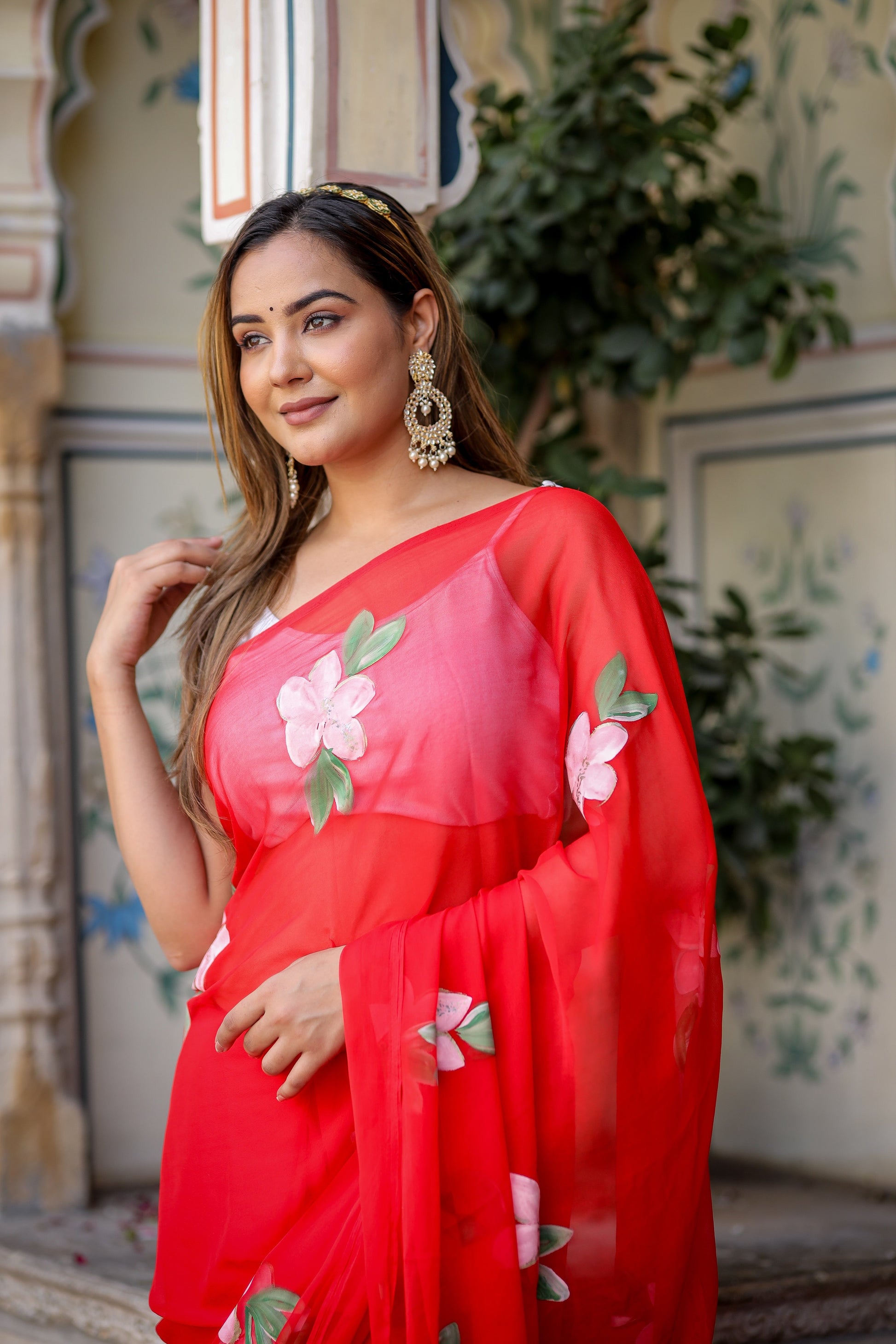 Striking Scarlet Red Handpainted Chiffon Saree Floral