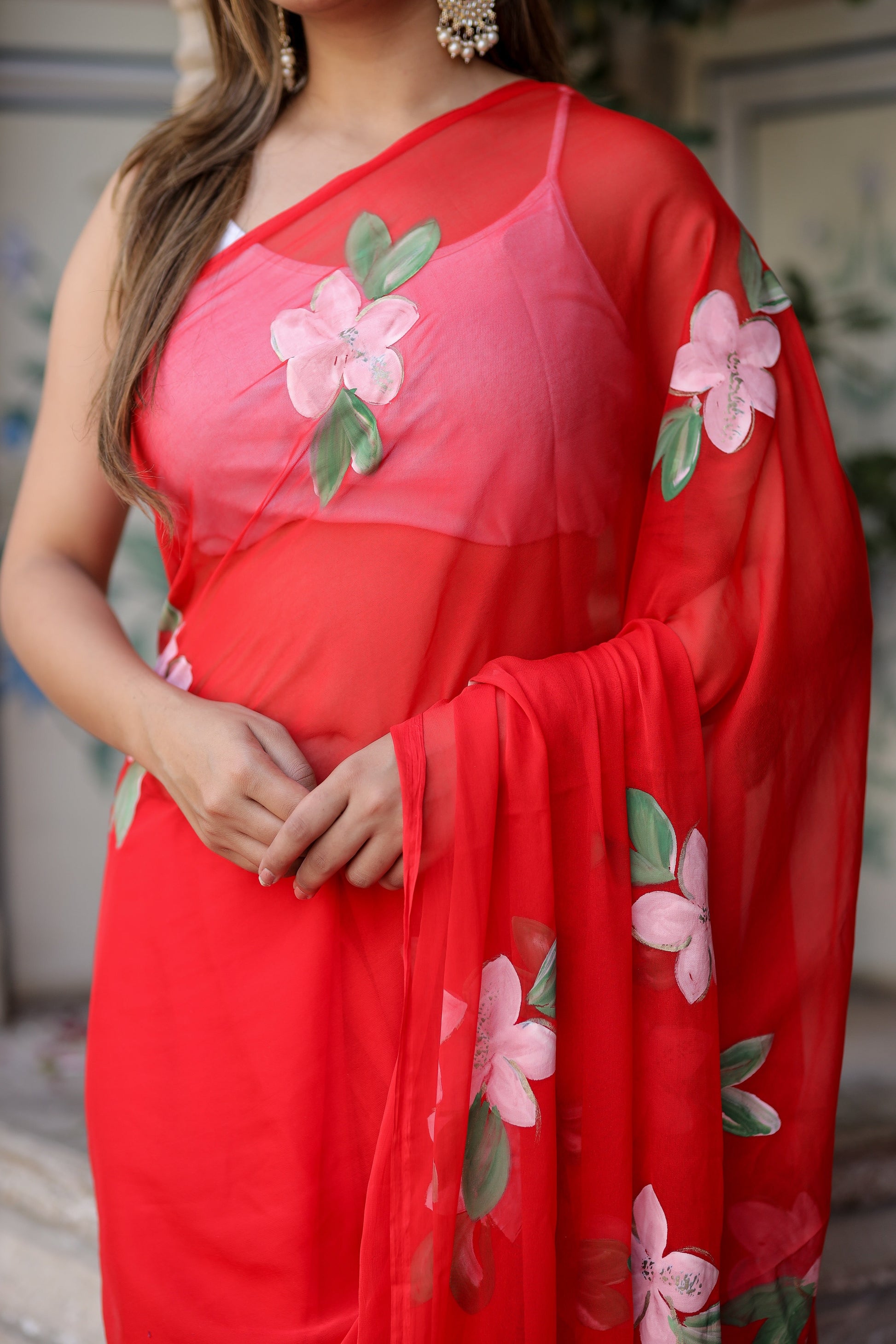 Striking Scarlet Red Handpainted Chiffon Saree Floral