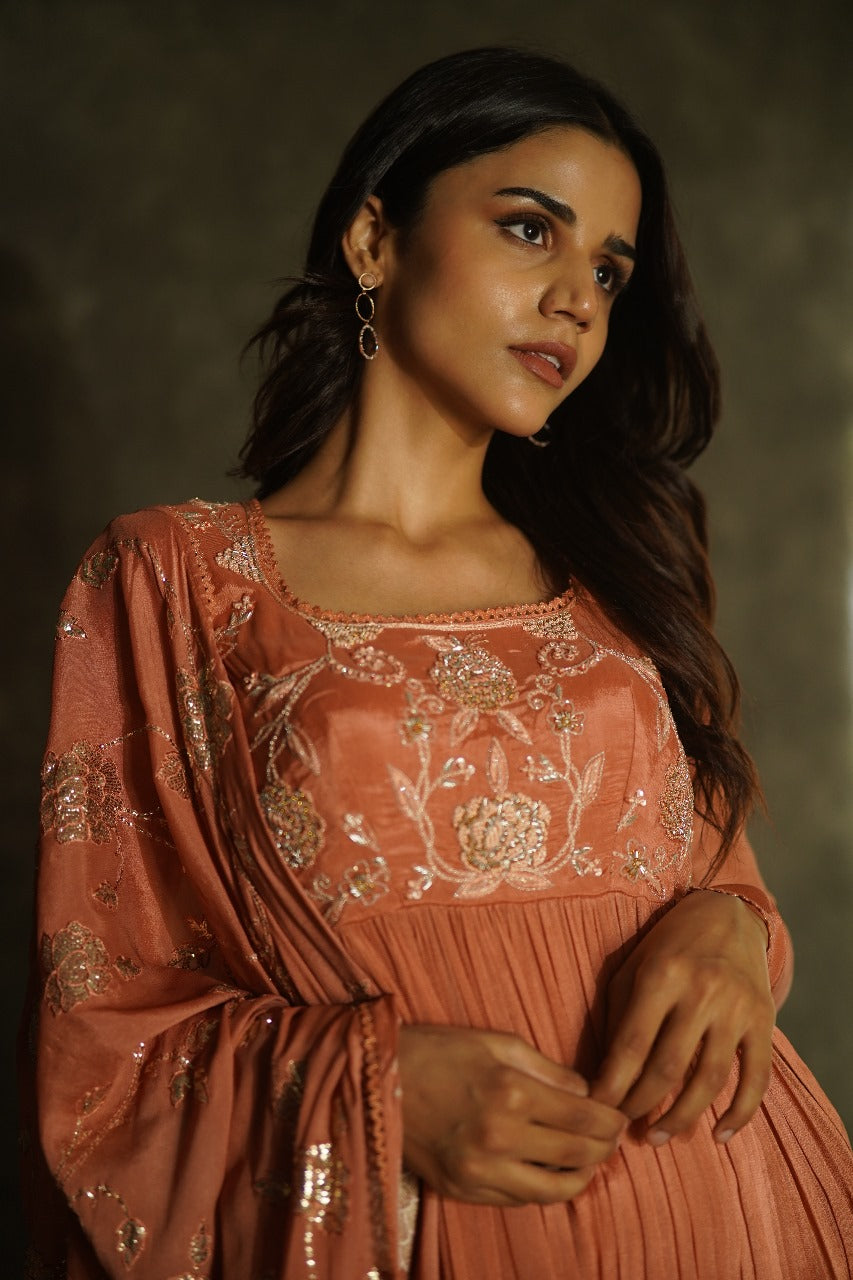 Manorama Rust Orange Chiffon Anarkali with Crocia Borders - Wedding Wear
