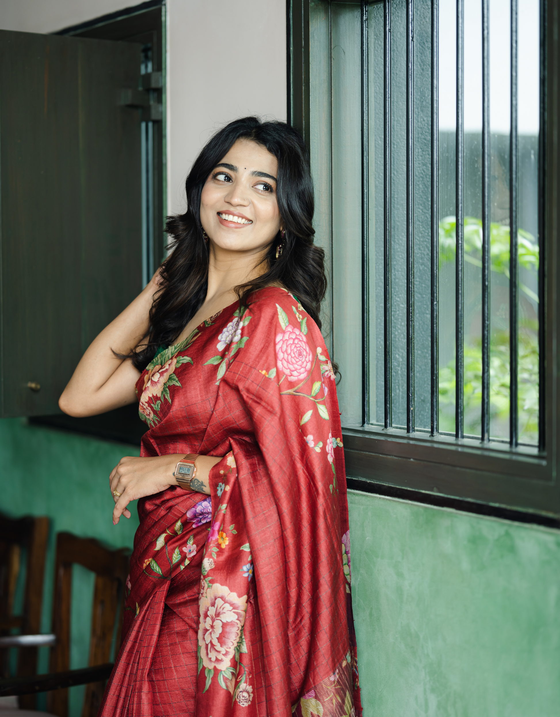 Crimson Red Tussar Silk Saree Checkered Floral Printed Border