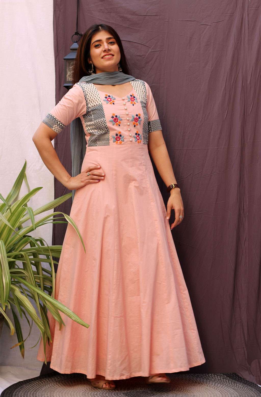 Festive Pink Cotton Floral Hand Embroidery Dress with Dupatta - Petunia