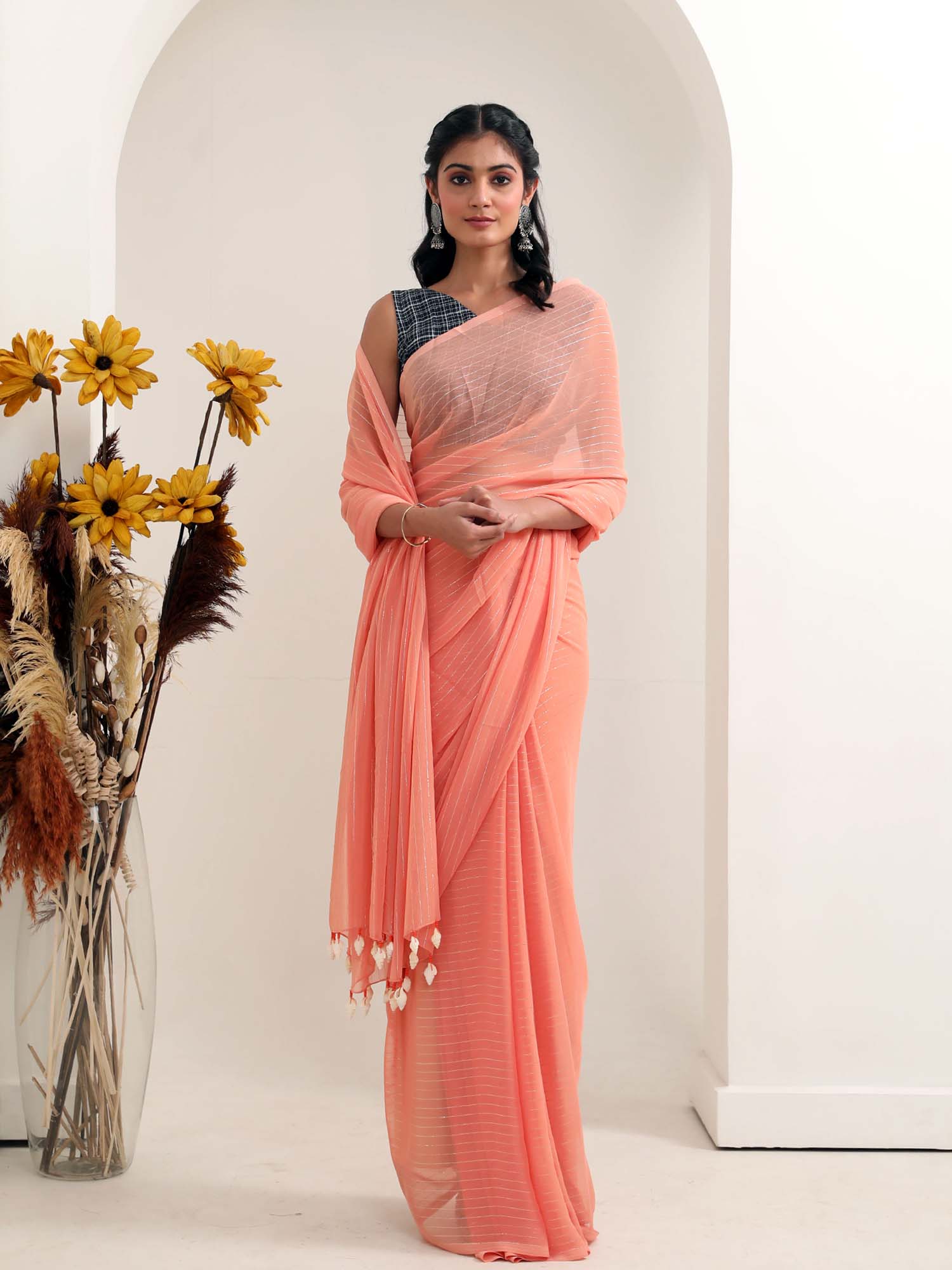 Beautiful Peach Chiffon Silver Stripe Saree Blue Rayon Blouse - Clementine