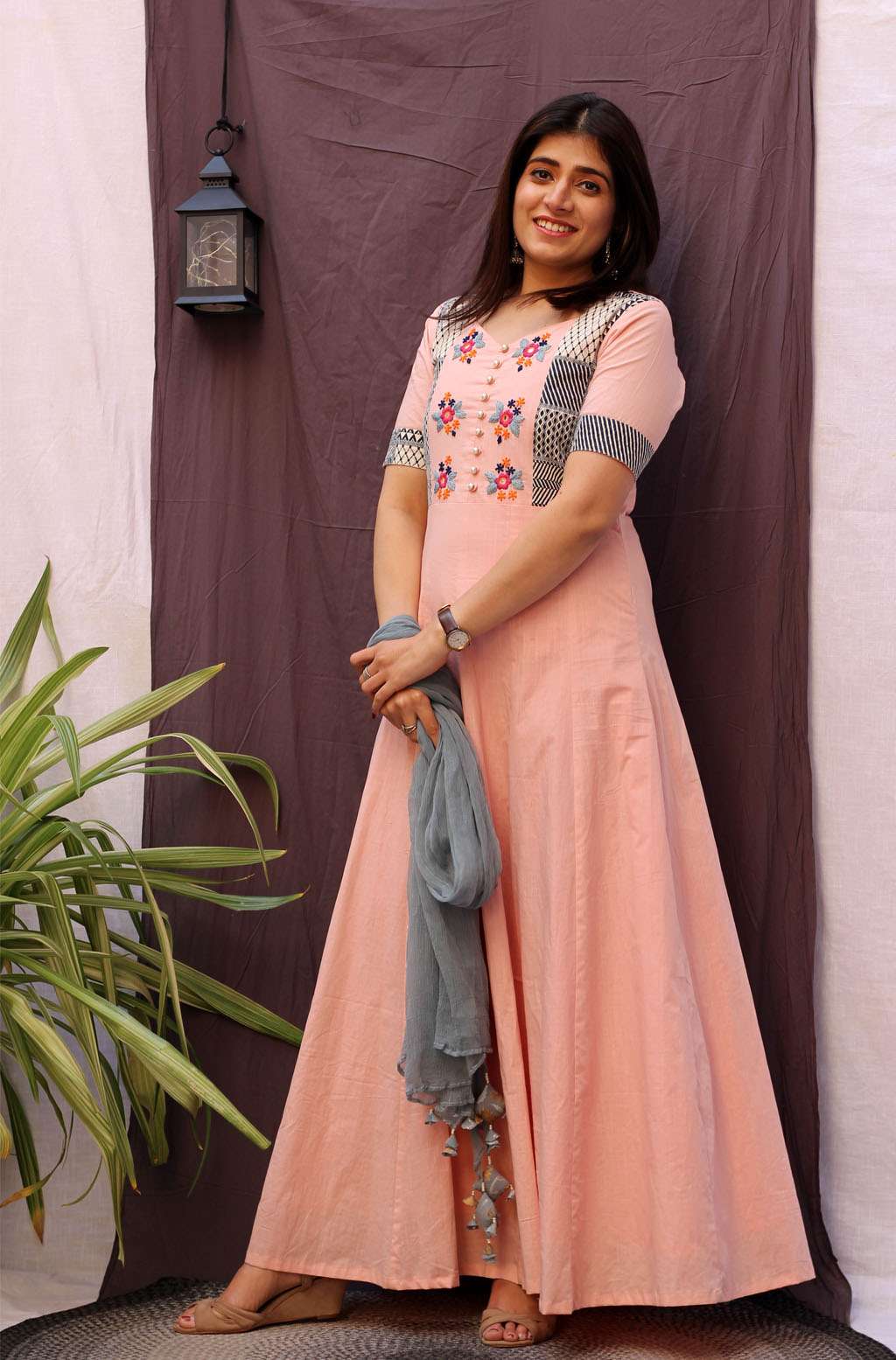 Festive Pink Cotton Floral Hand Embroidery Dress with Dupatta - Petunia