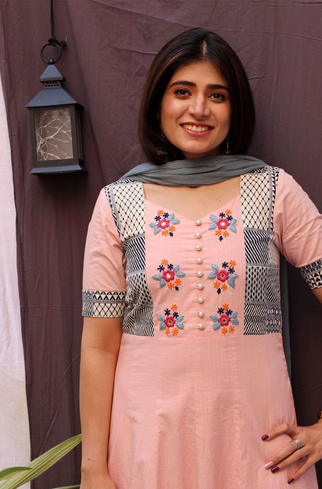 Festive Pink Cotton Floral Hand Embroidery Dress with Dupatta - Petunia