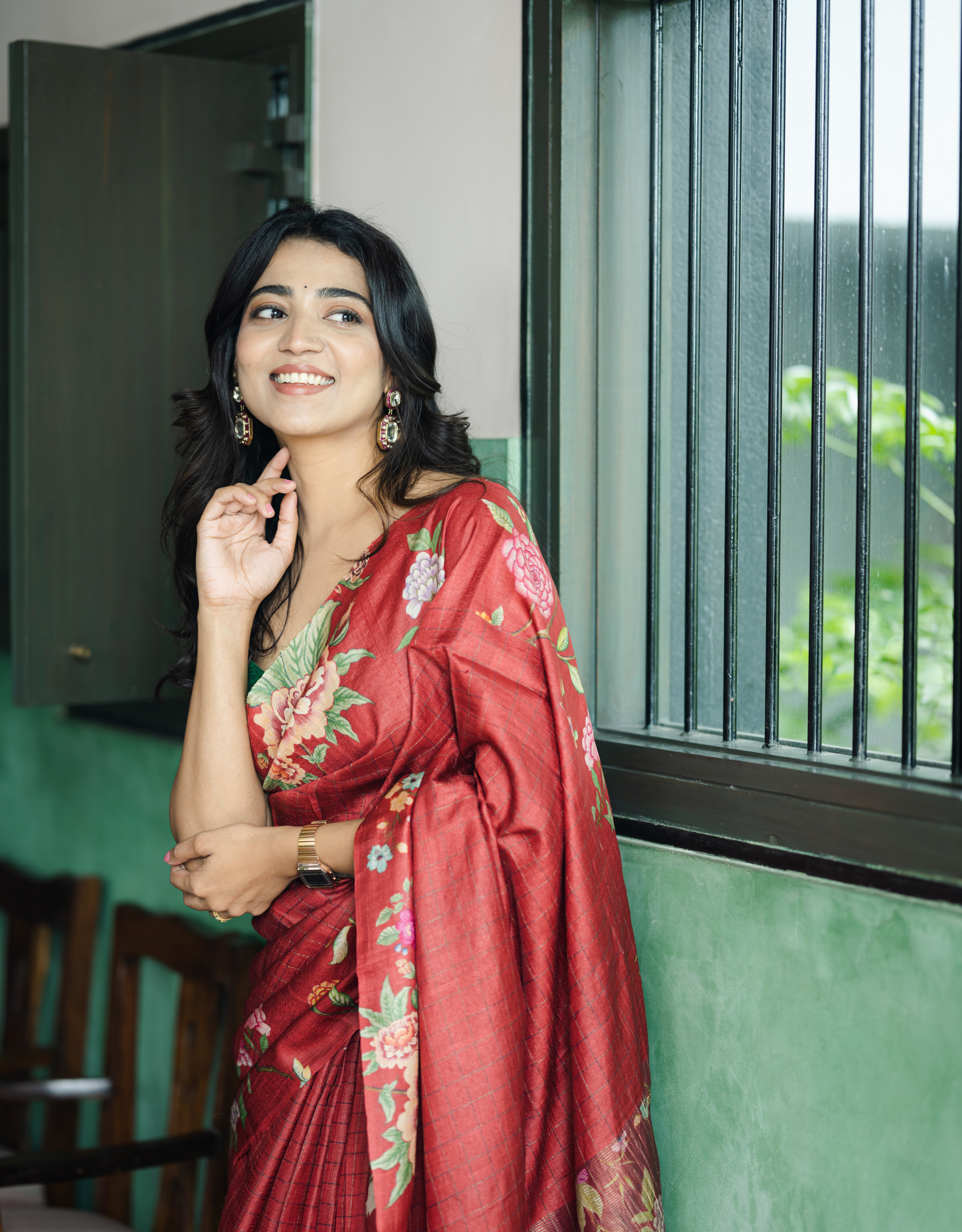 Crimson Red Tussar Silk Saree Checkered Floral Printed Border