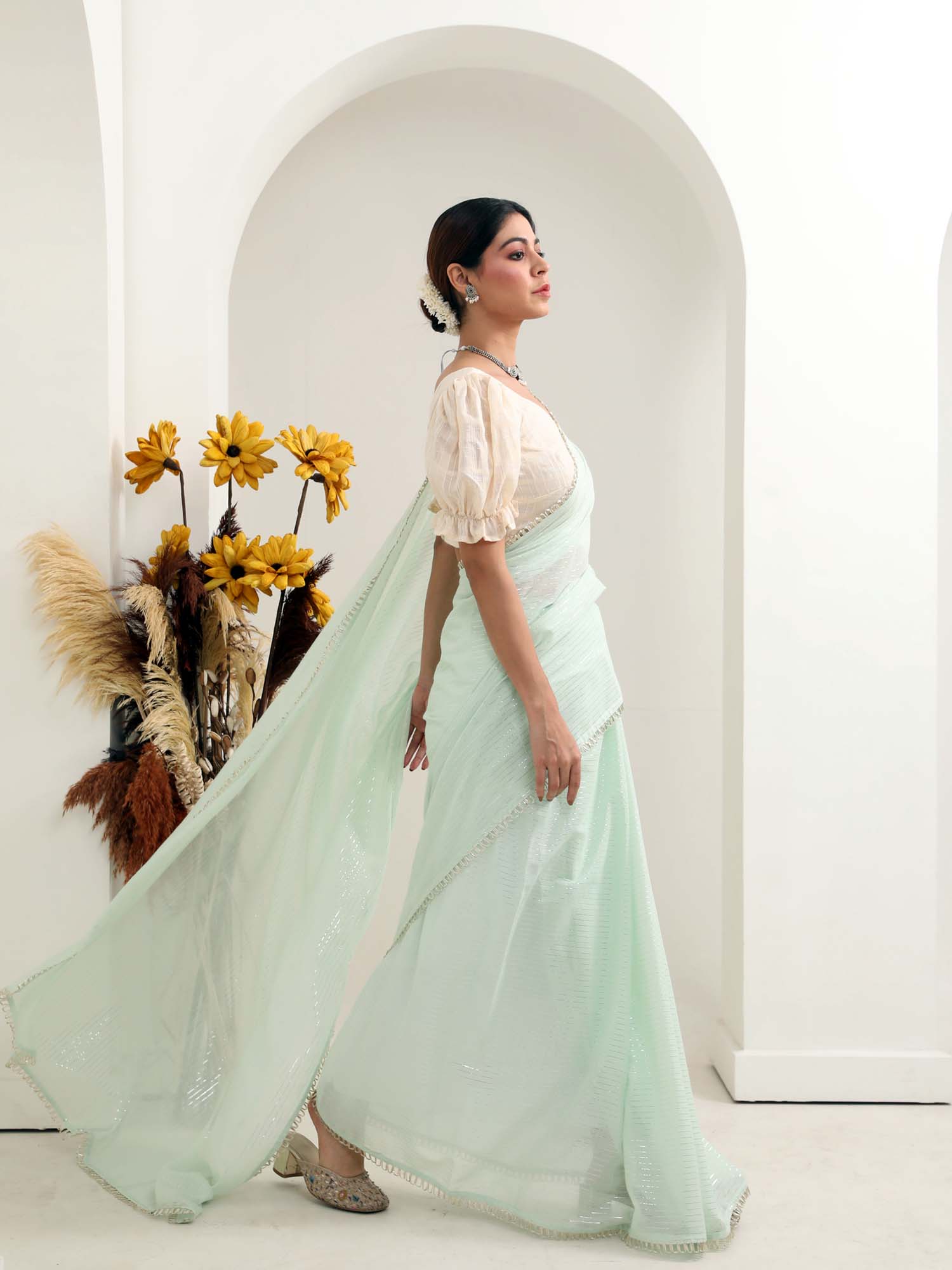 Beautiful Mint Green Cotton Silver Stripe Saree Silver Hoop Lace - Margarita