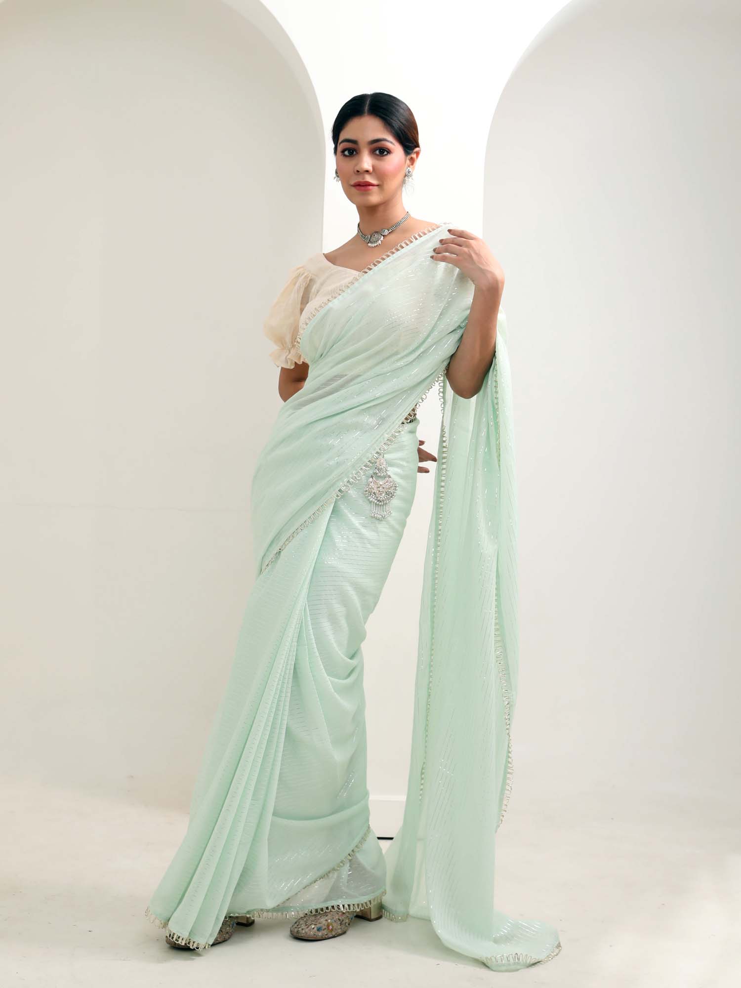 Beautiful Mint Green Cotton Silver Stripe Saree Silver Hoop Lace - Margarita