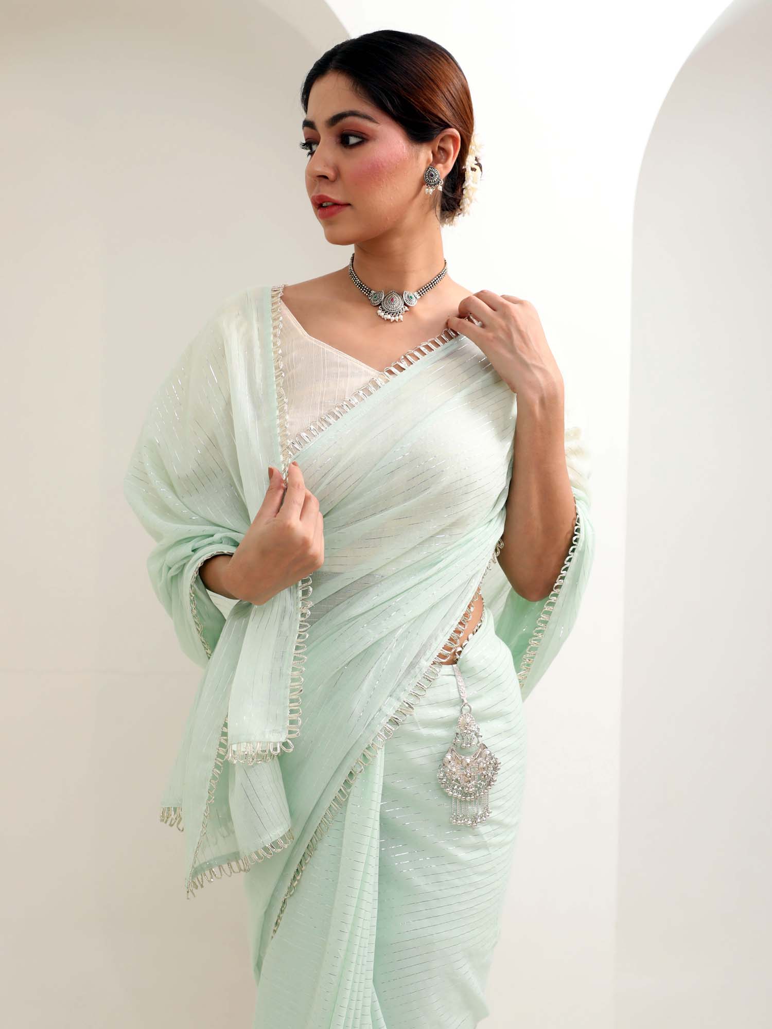 Beautiful Mint Green Cotton Silver Stripe Saree Silver Hoop Lace - Margarita